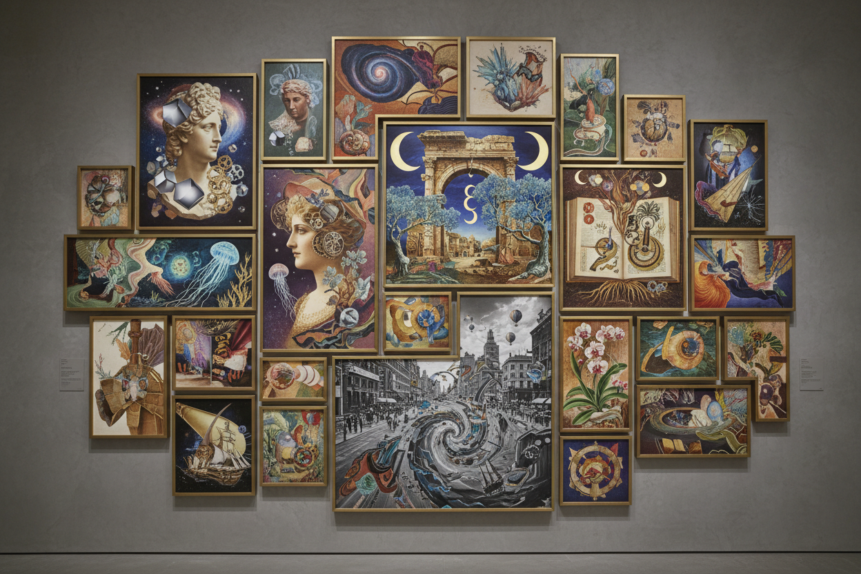 gallery style arangement surreal collage visual pull