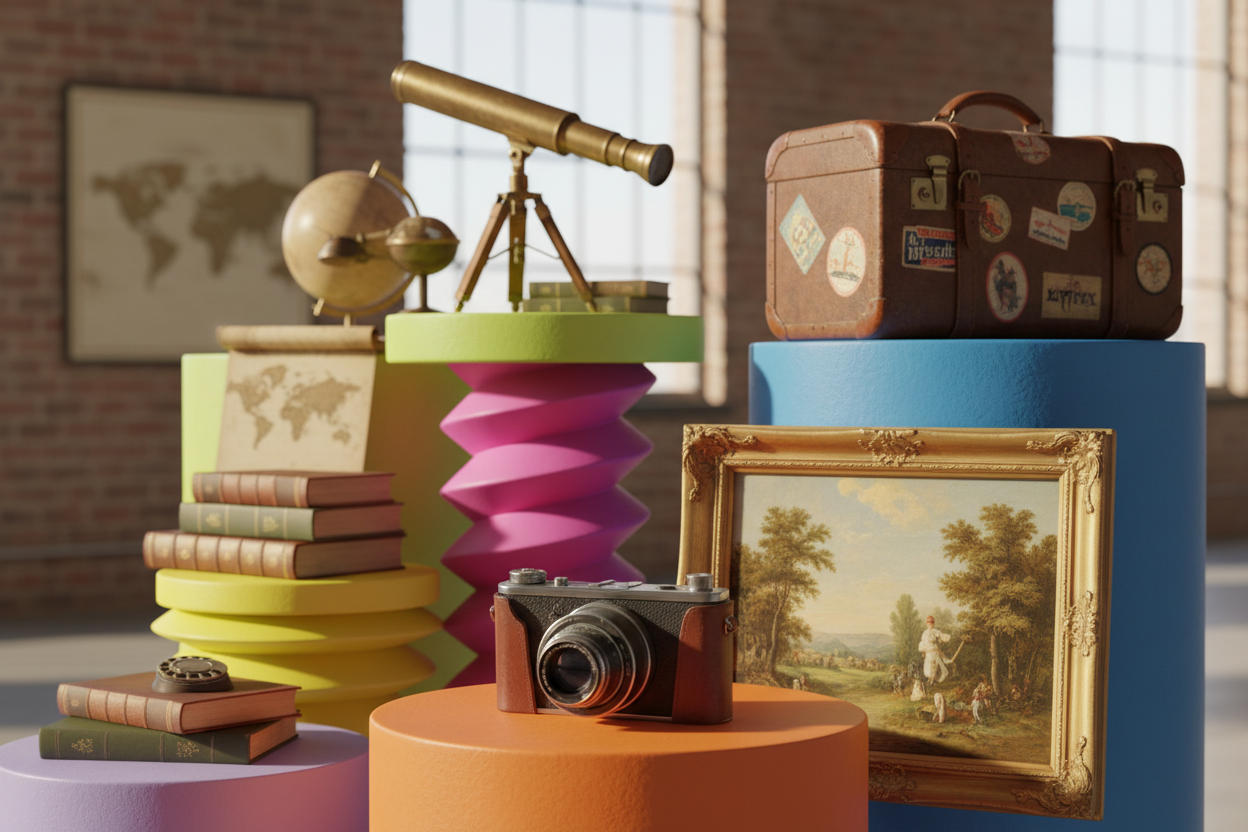 good close with vintage objects camera painting suitcase