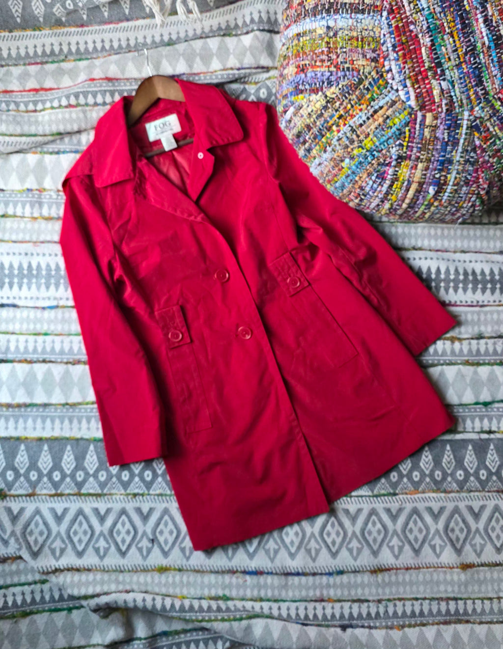 London Fog Red Trench Coat – Classic Mid-Length Rain Coat – Size M