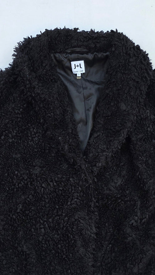 John + Jenn Black Shaggy Faux Fur Jacket – Textured Statement Coat (S)