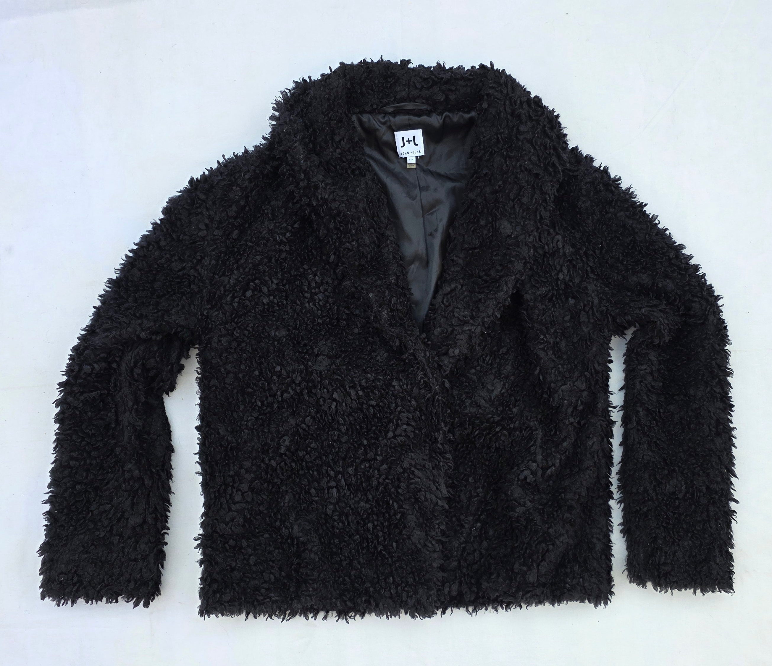 John + Jenn Black Shaggy Faux Fur Jacket – Textured Statement Coat (S)