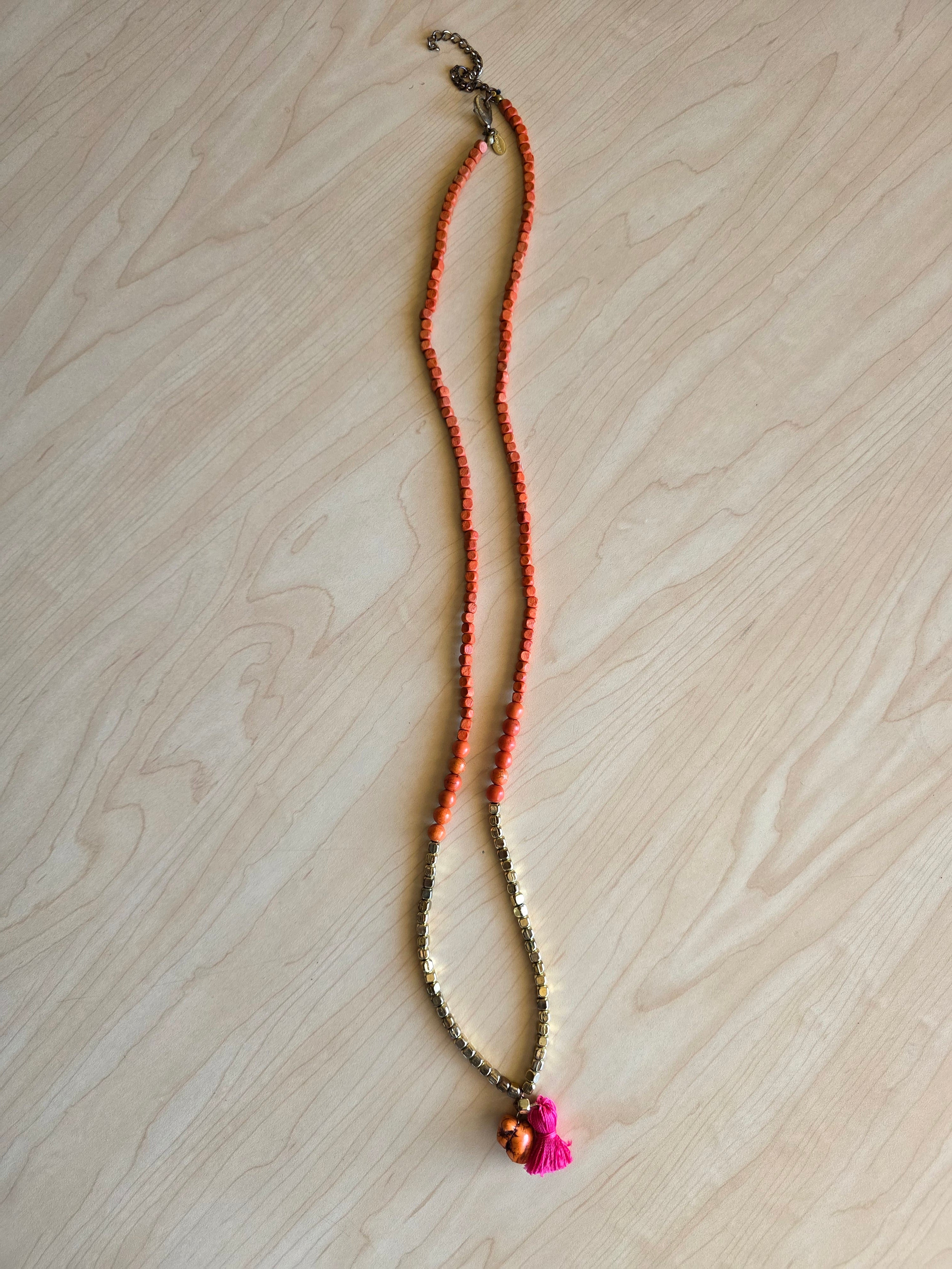 Aneya Artisan Beaded Necklace – Coral Wood, Stone Pendant & Silk Tassel