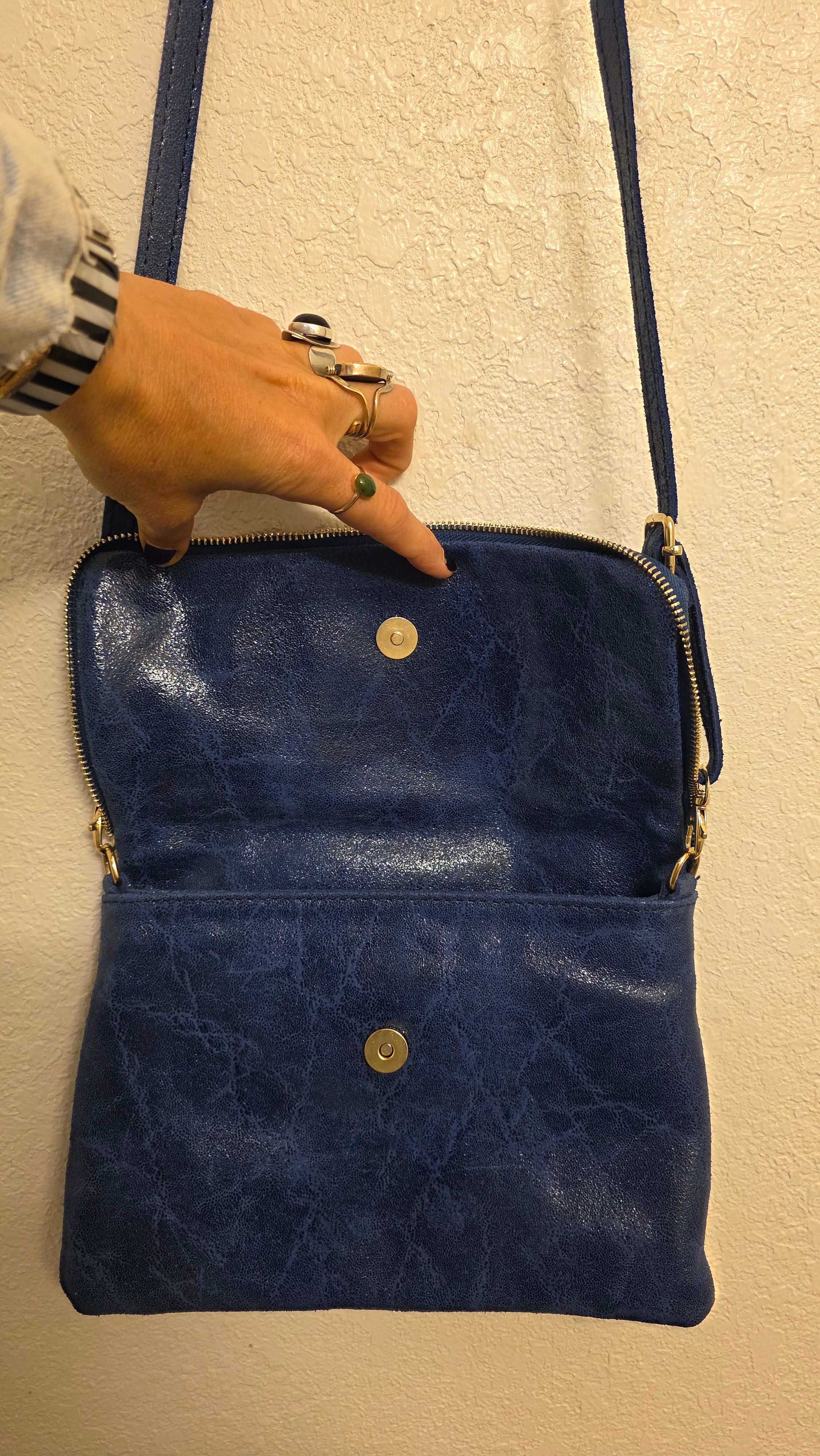 Vintage Italian Leather Blue Foldover Crossbody Bag Gold Hardware Minimalist