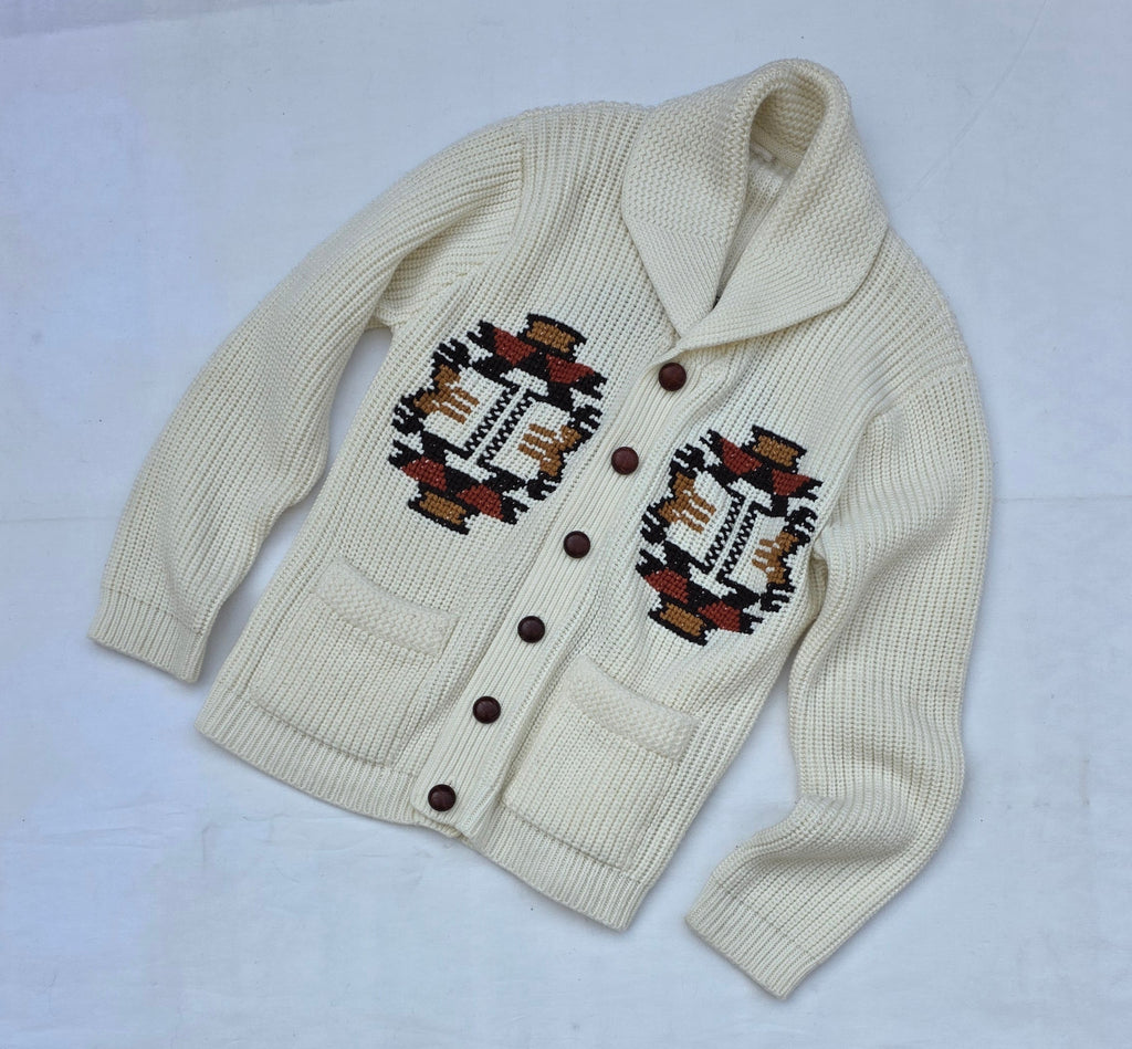 Vintage Southwestern Knit Cardigan Cream Shawl Sweater Collar Geometric Design