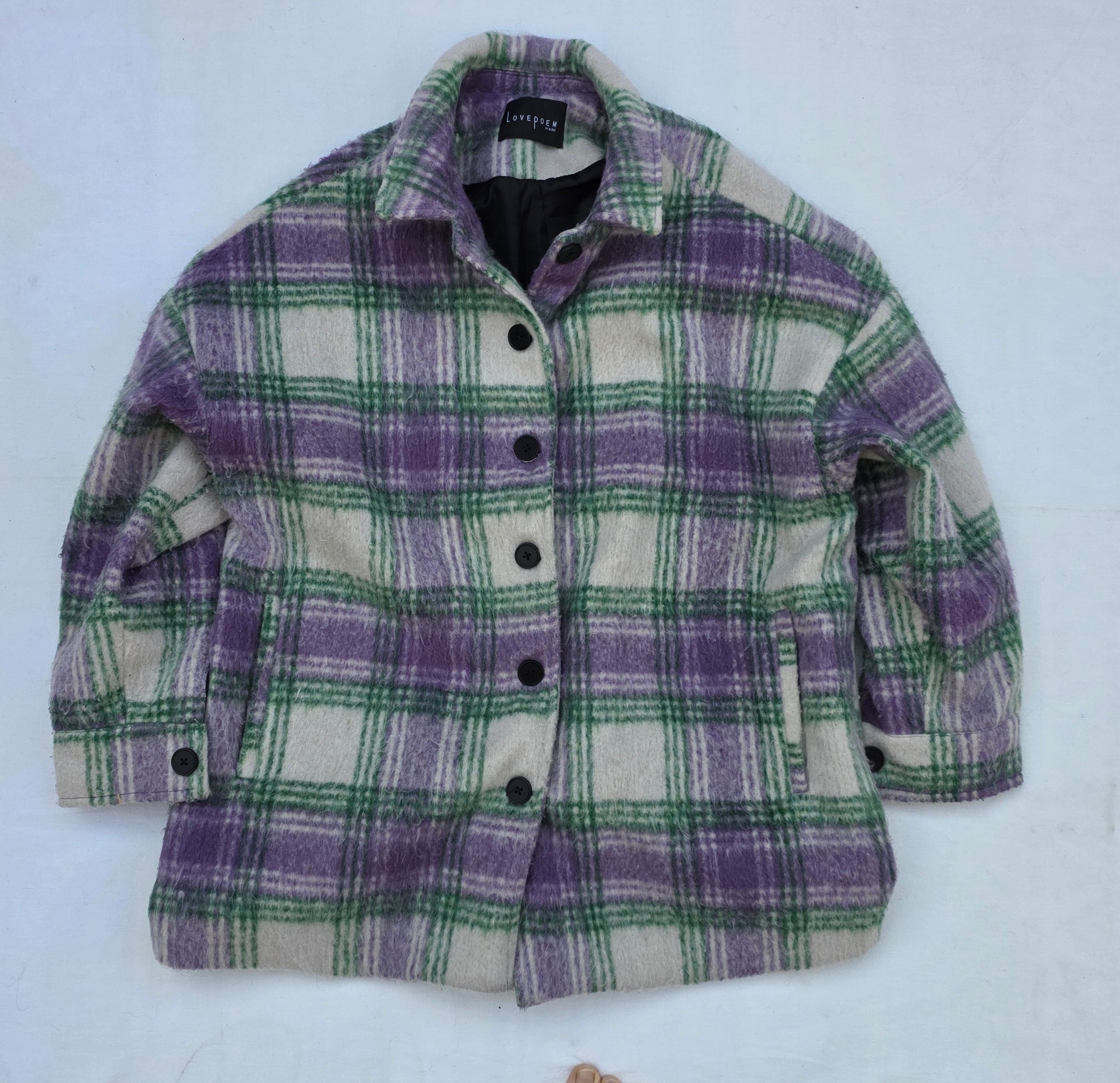 LovePoem Purple & Green Plaid Jacket Overshirt Button Front – Size M