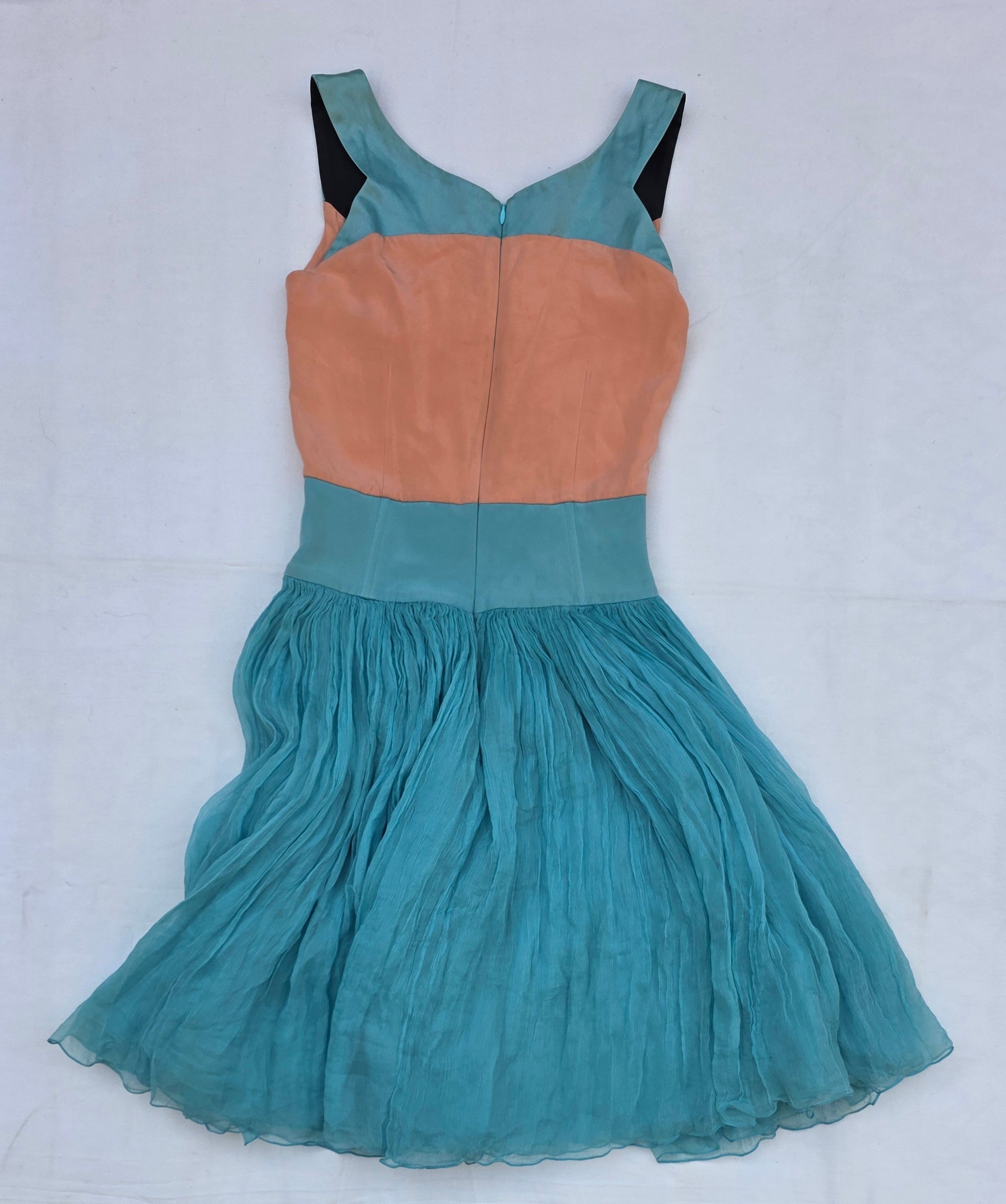 Sophie Theallet Colorblock Chiffon Dress – Peach & Teal Sleeveless Fit-and-Flare small