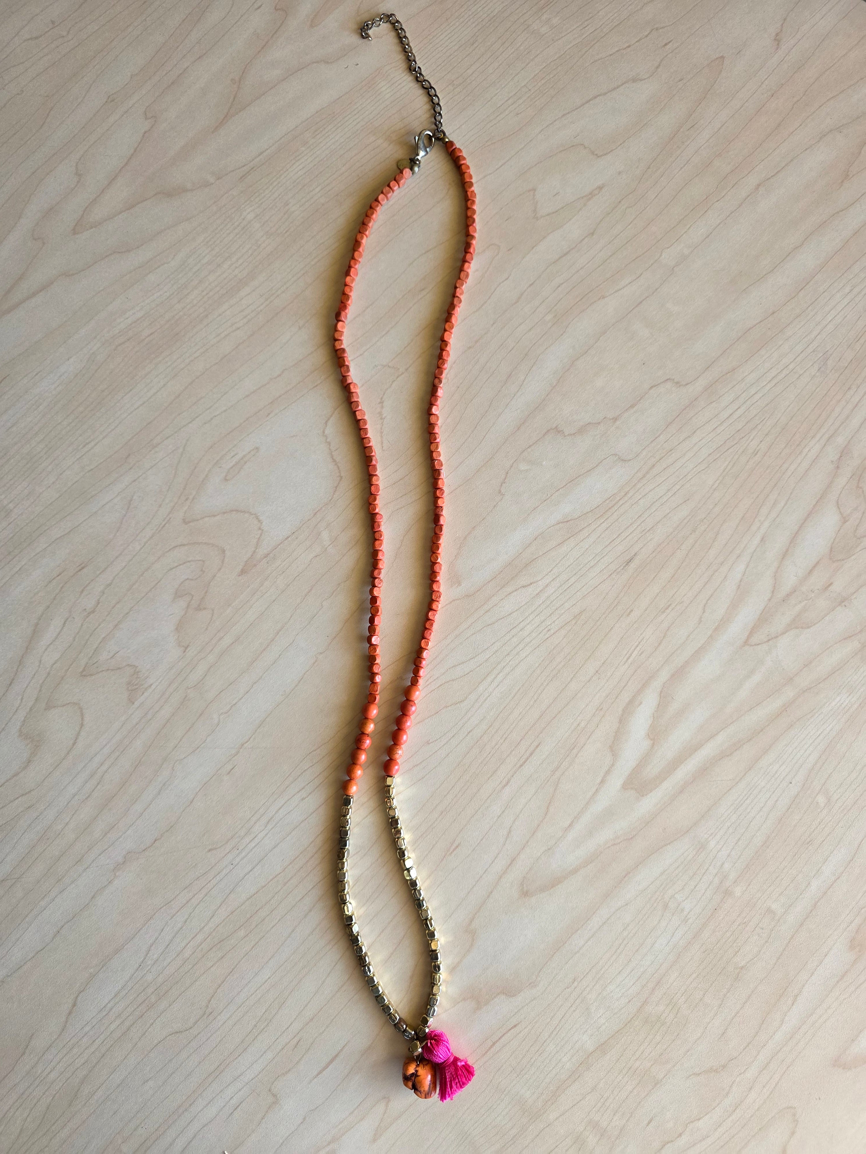 Aneya Artisan Beaded Necklace – Coral Wood, Stone Pendant & Silk Tassel