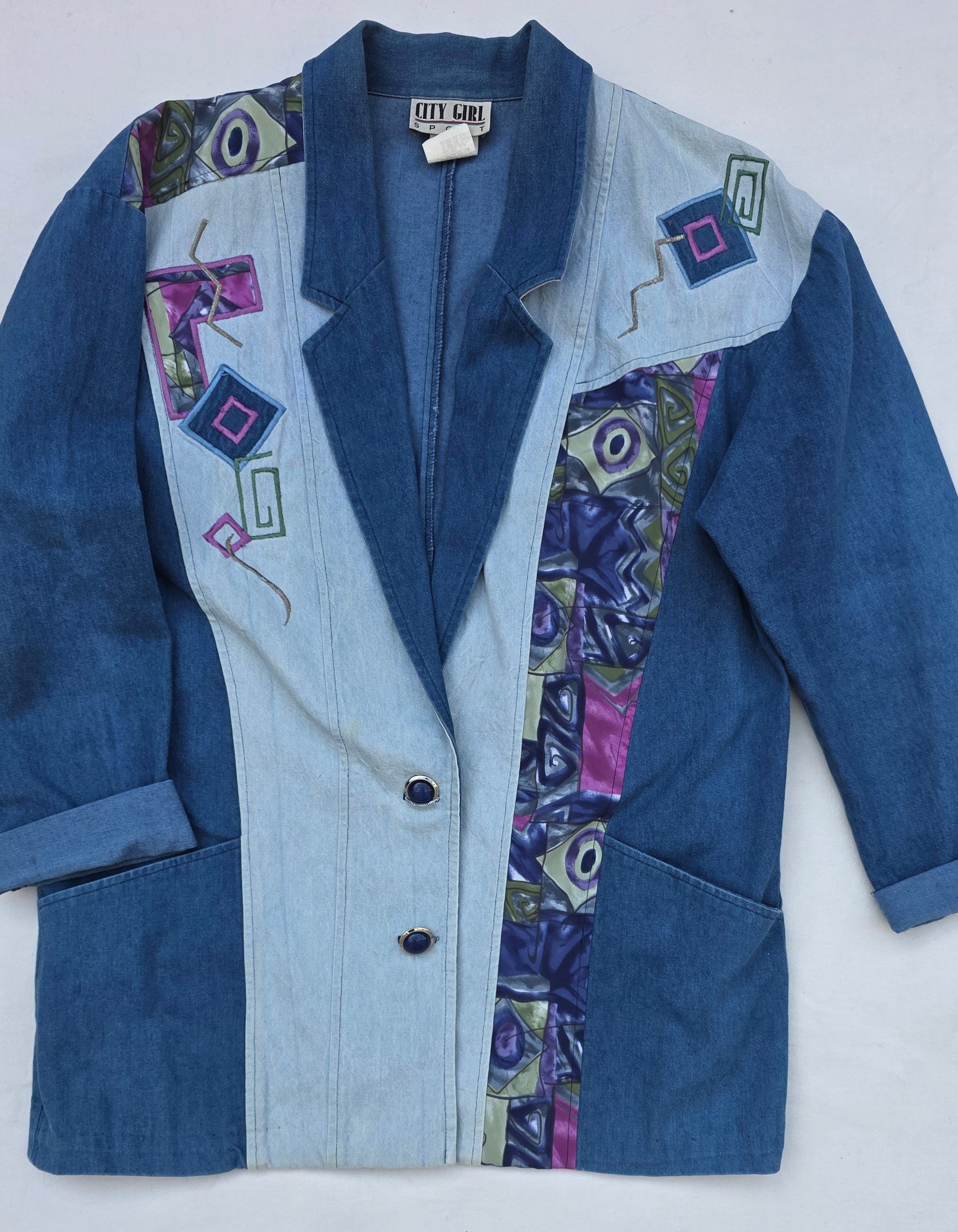 Vintage City Girl Sport Patchwork Denim Blazer 90s Geometric – Size 8