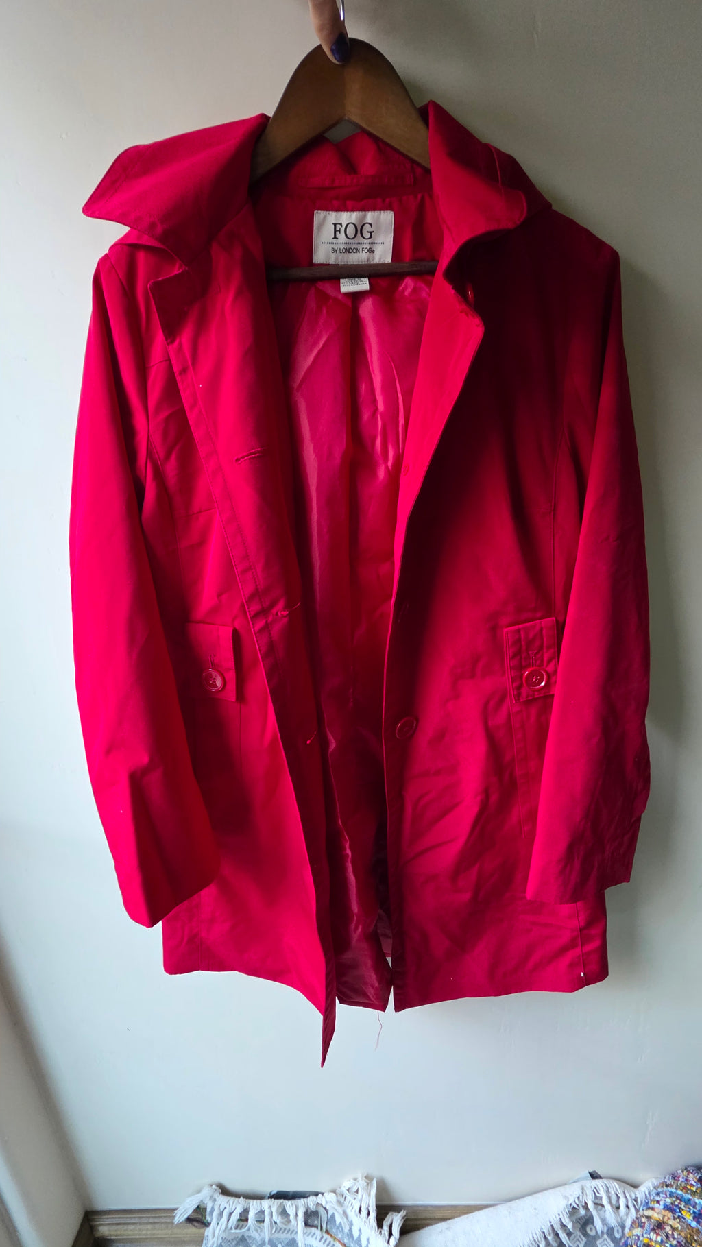 London Fog Red Trench Coat – Classic Mid-Length Rain Coat – Size M