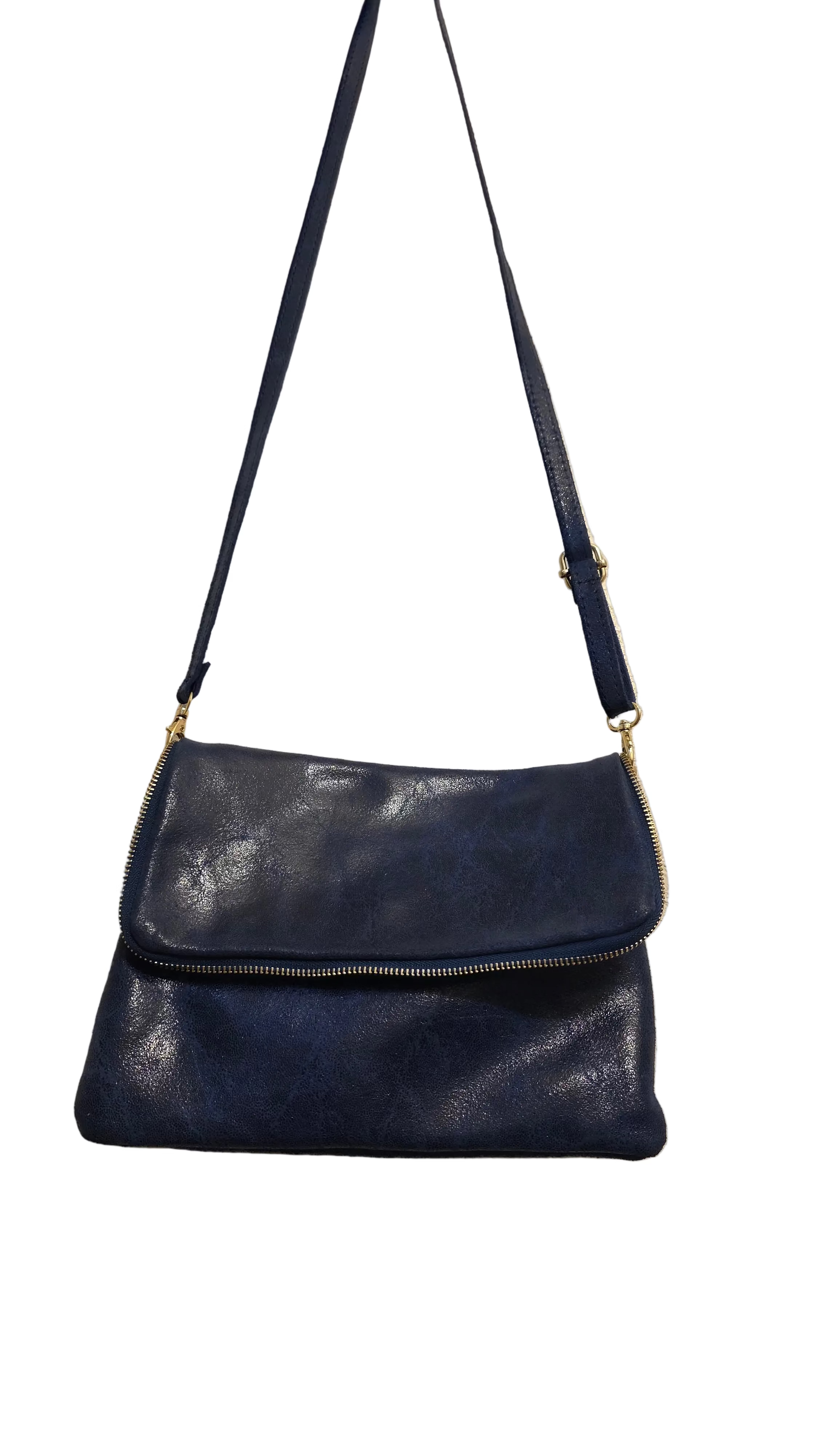 Vintage Italian Leather Blue Foldover Crossbody Bag Gold Hardware Minimalist