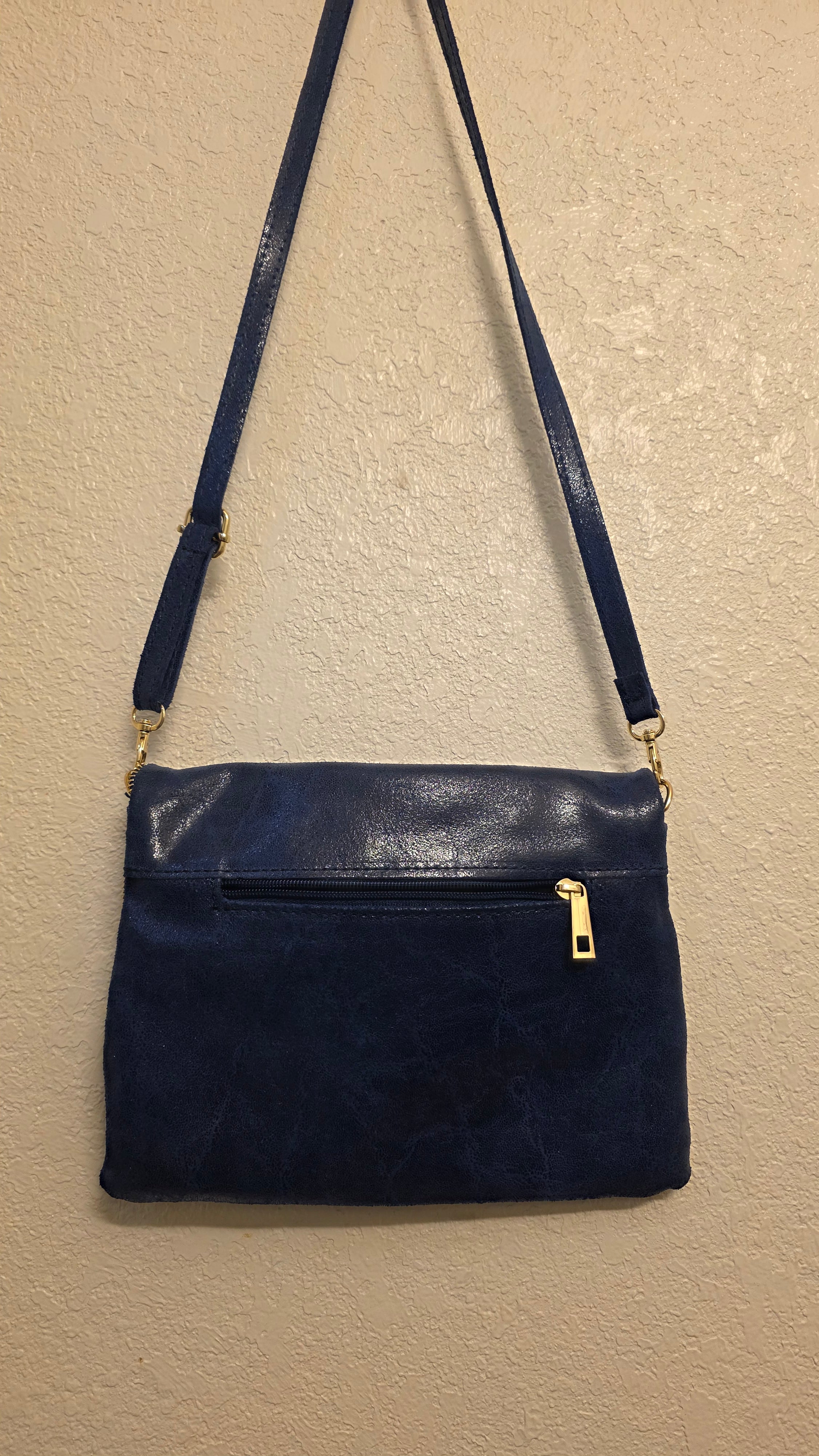 Vintage Italian Leather Blue Foldover Crossbody Bag Gold Hardware Minimalist