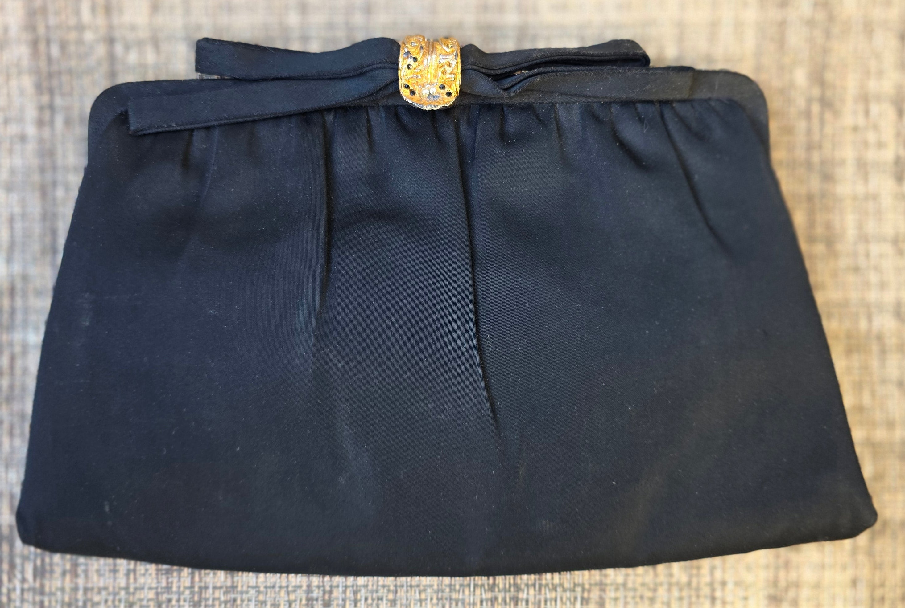 Vintage Astor Lew Black Evening Clutch – Bow Detail & Gold Clasp – Made in USA