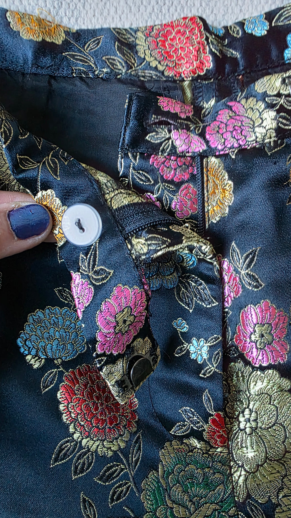 Black Floral Brocade Pants – High Waist Satin Jacquard Trousers