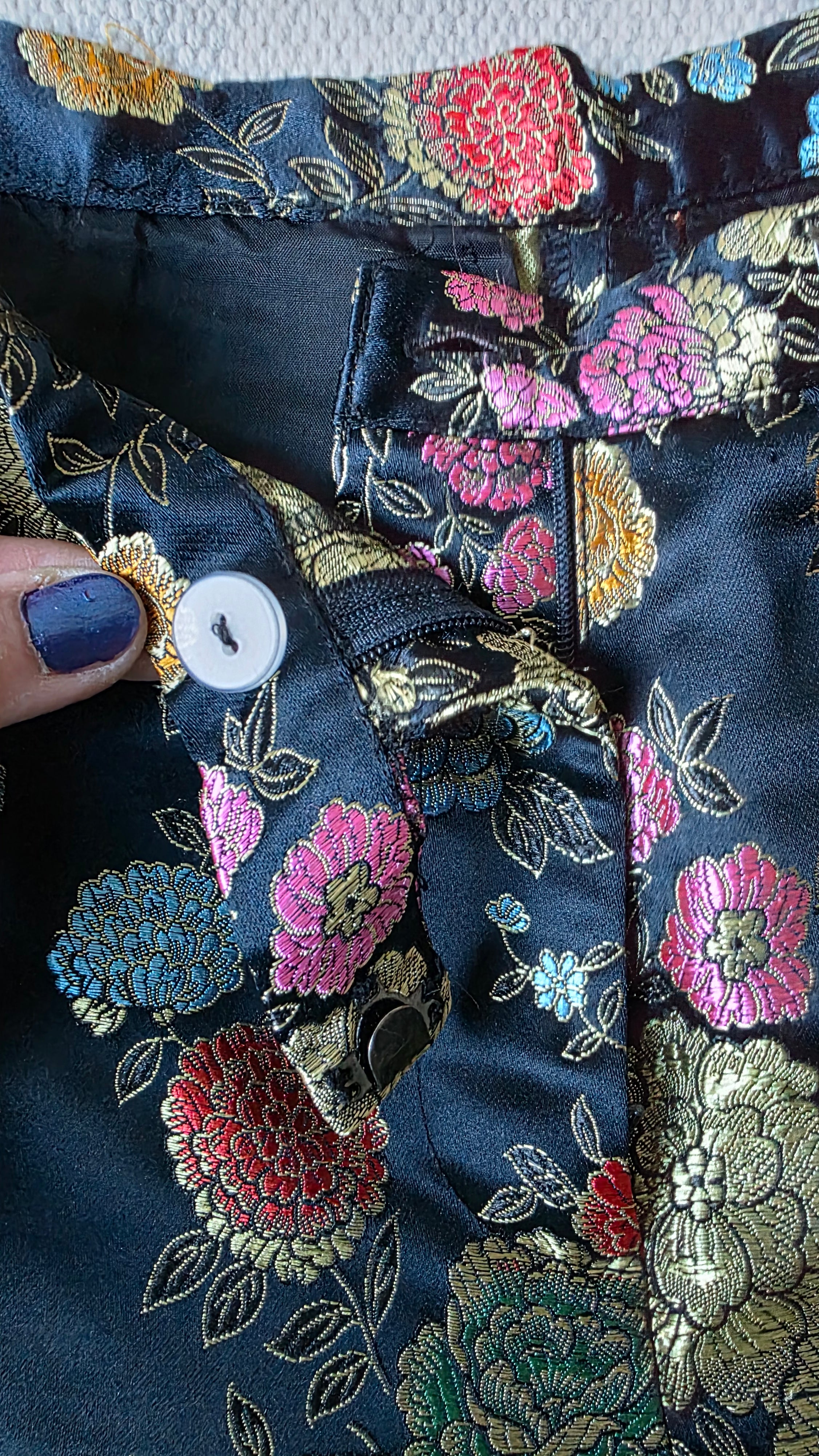 Black Floral Brocade Pants – High Waist Satin Jacquard Trousers