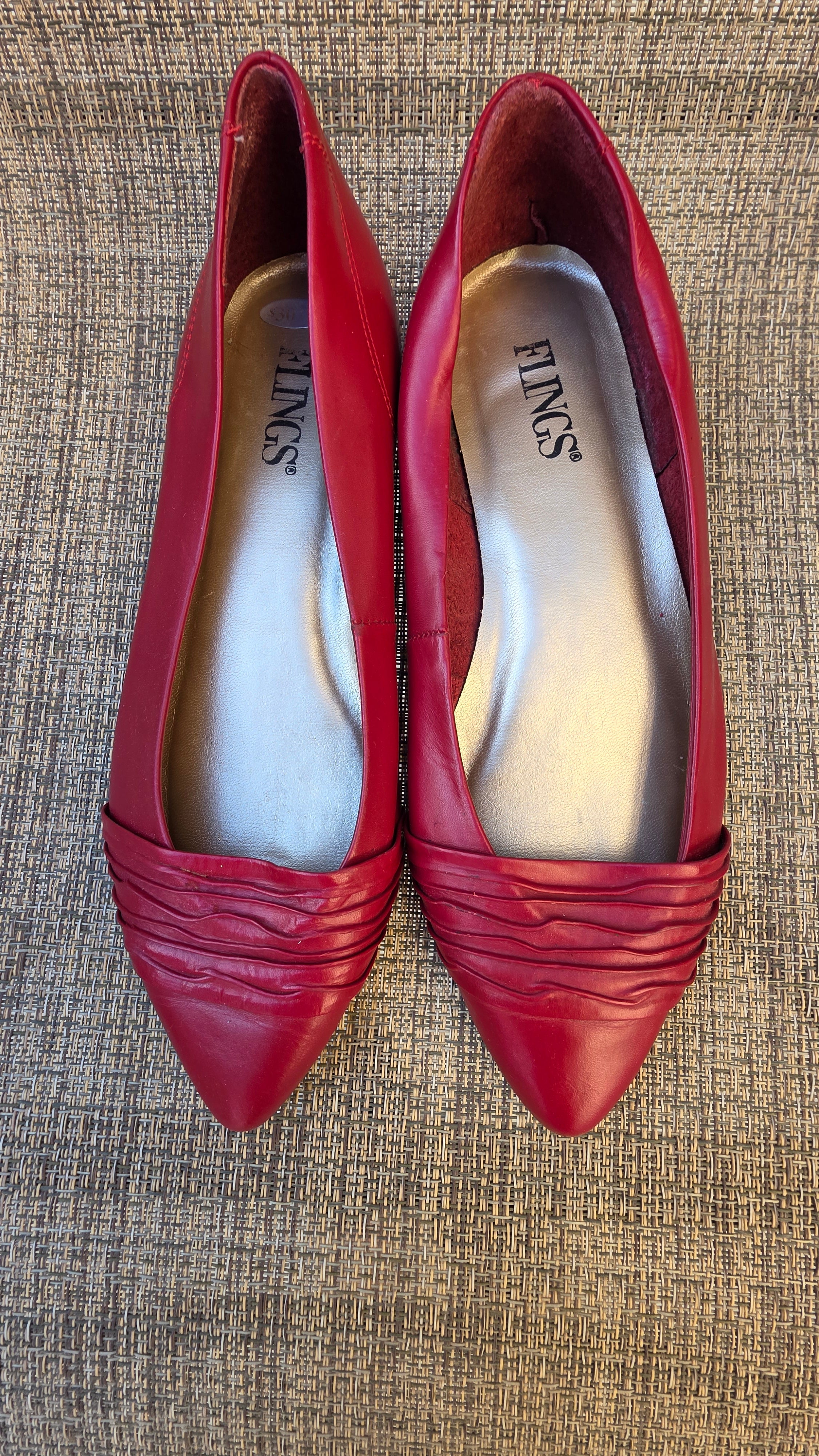 Vintage Red Leather Flats by Flings – Made in Brazil – Pointed Toe Women’s Shoes