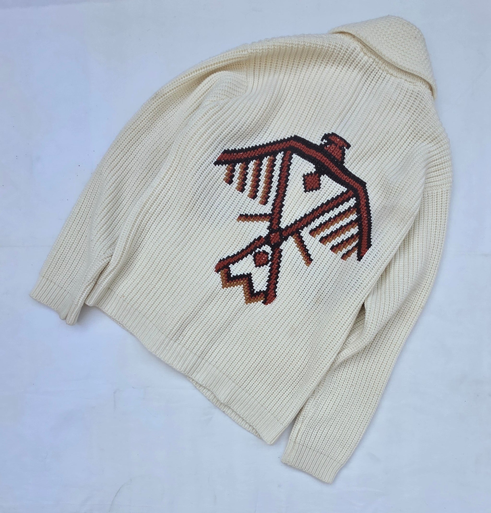Vintage Southwestern Knit Cardigan Cream Shawl Sweater Collar Geometric Design