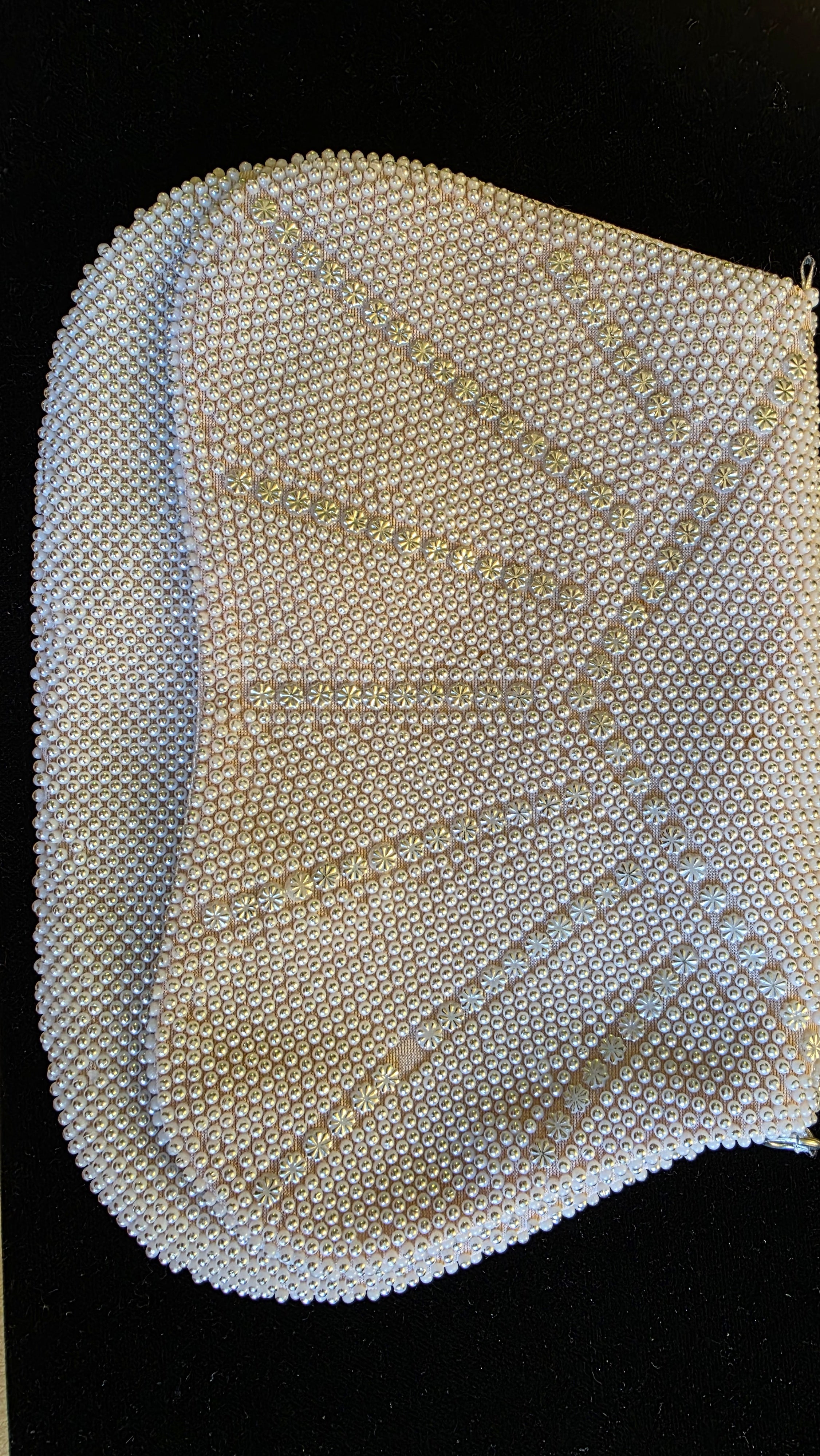Vintage Pearl Beaded Clutch Purse – 1950s–1960s Evening Bag – Bridal Glam – Old Hollywood Style