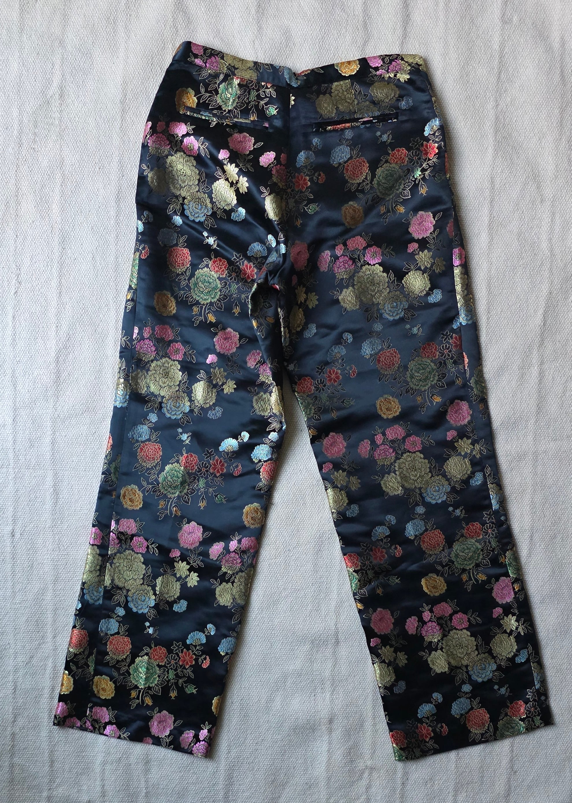 Black Floral Brocade Pants – High Waist Satin Jacquard Trousers