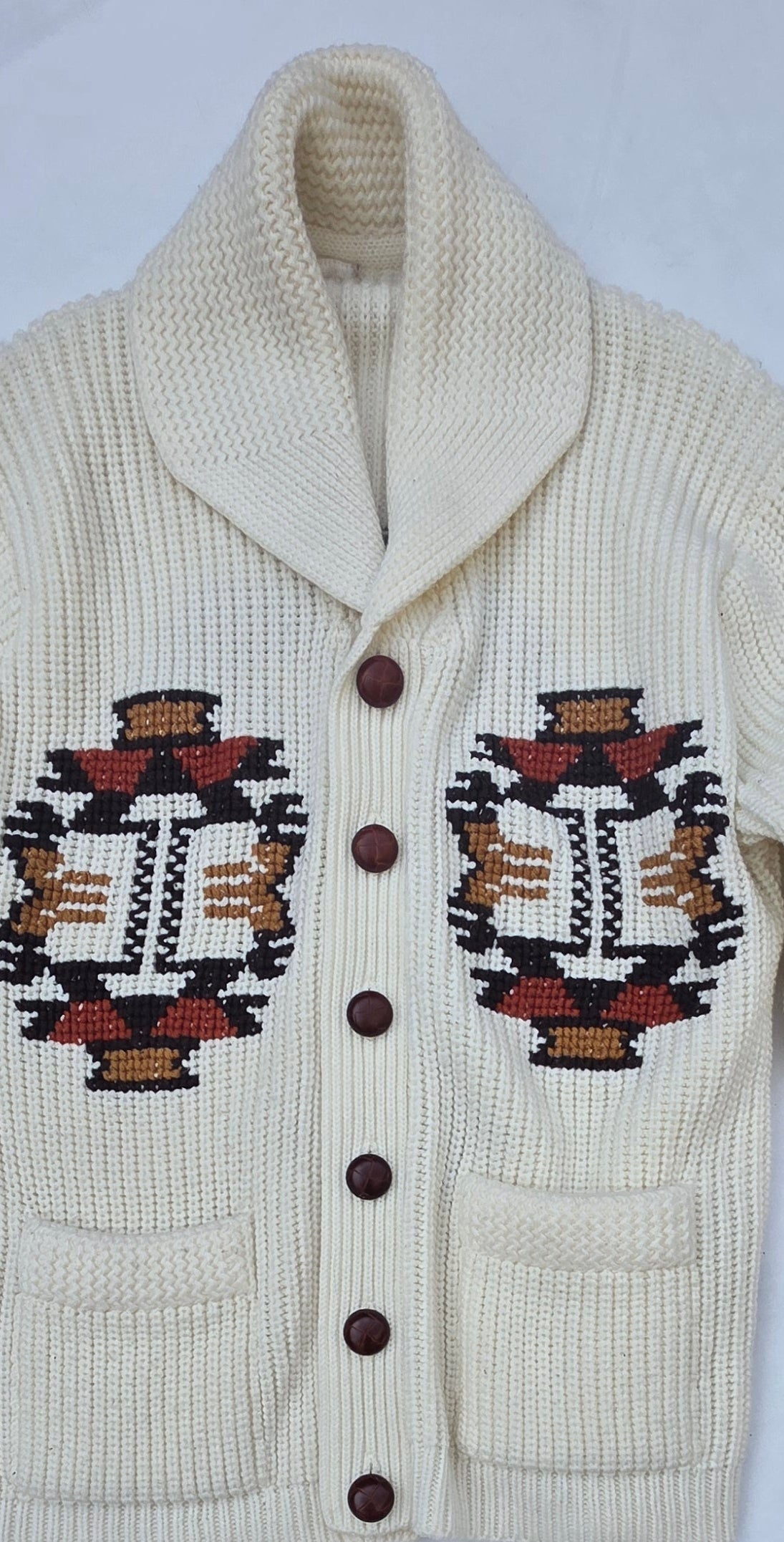 Vintage Southwestern Knit Cardigan Cream Shawl Sweater Collar Geometric Design