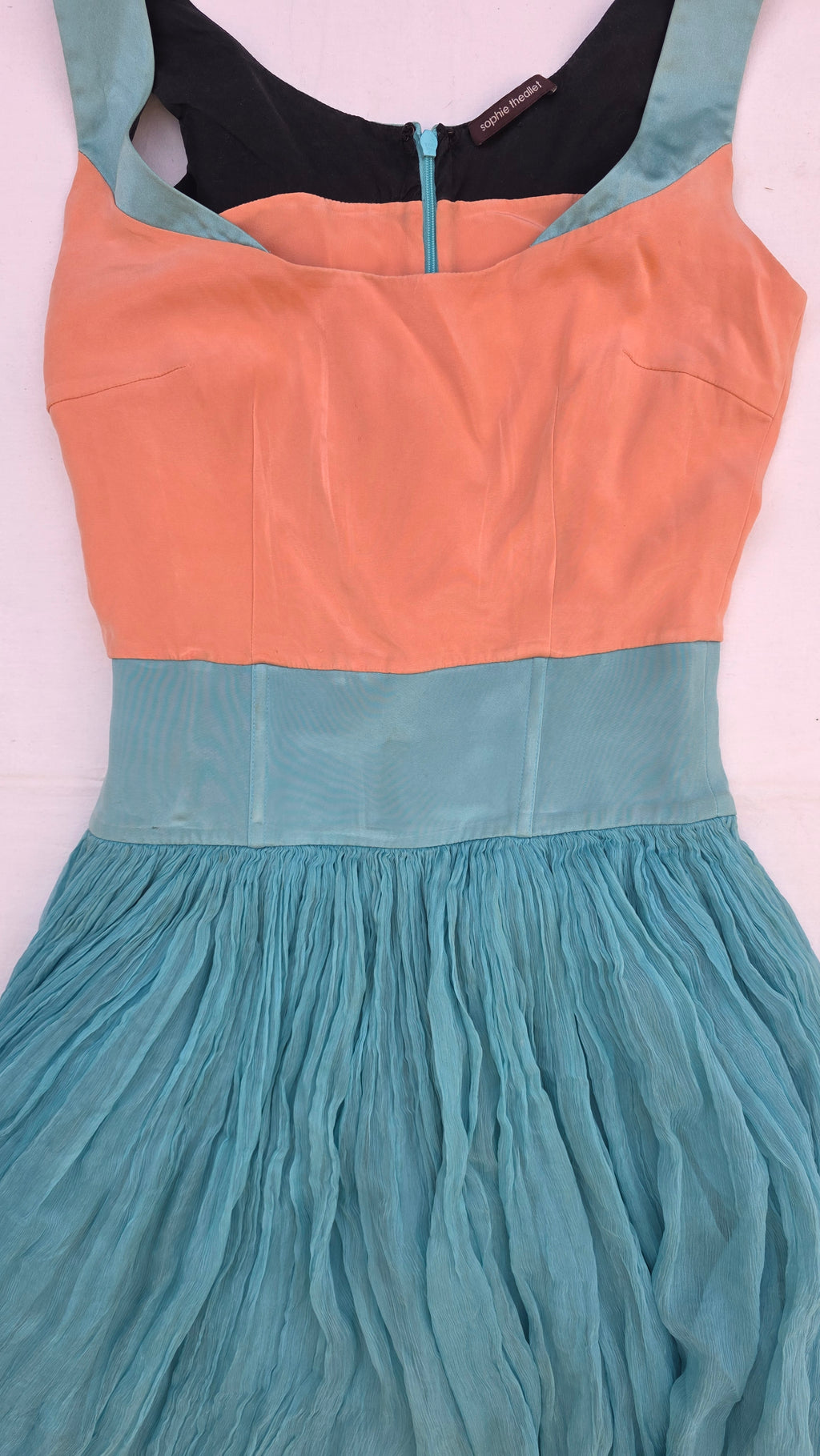 Sophie Theallet Colorblock Chiffon Dress – Peach & Teal Sleeveless Fit-and-Flare small