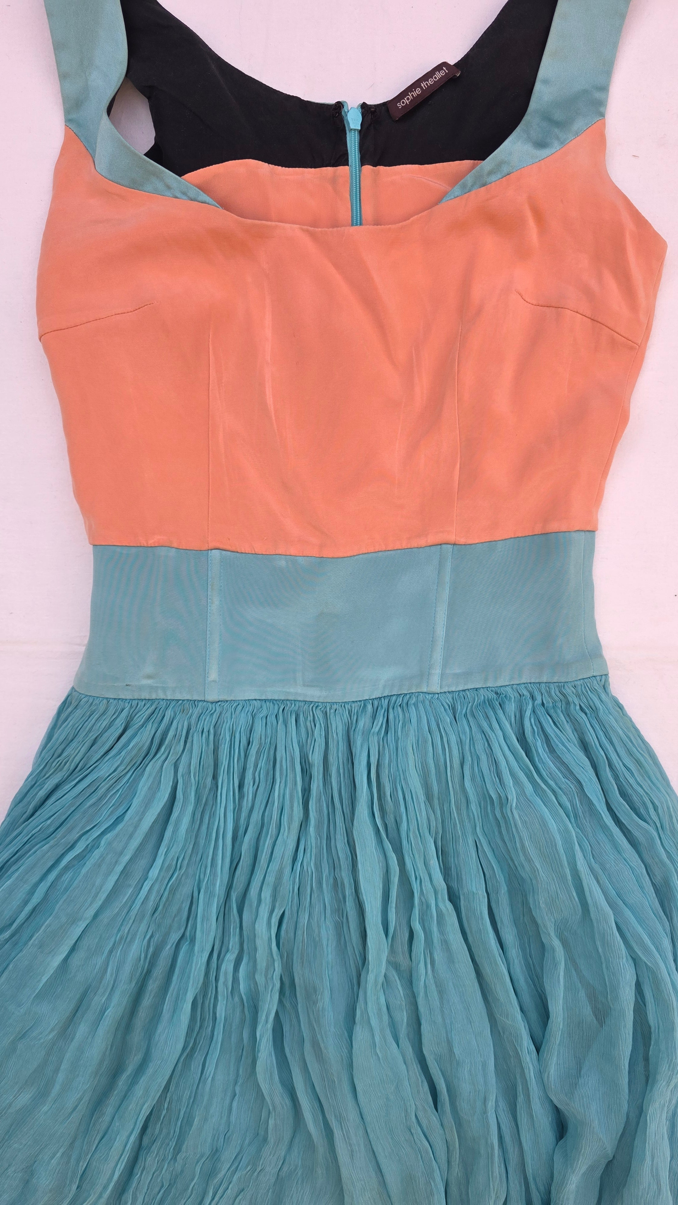 Sophie Theallet Colorblock Chiffon Dress – Peach & Teal Sleeveless Fit-and-Flare small