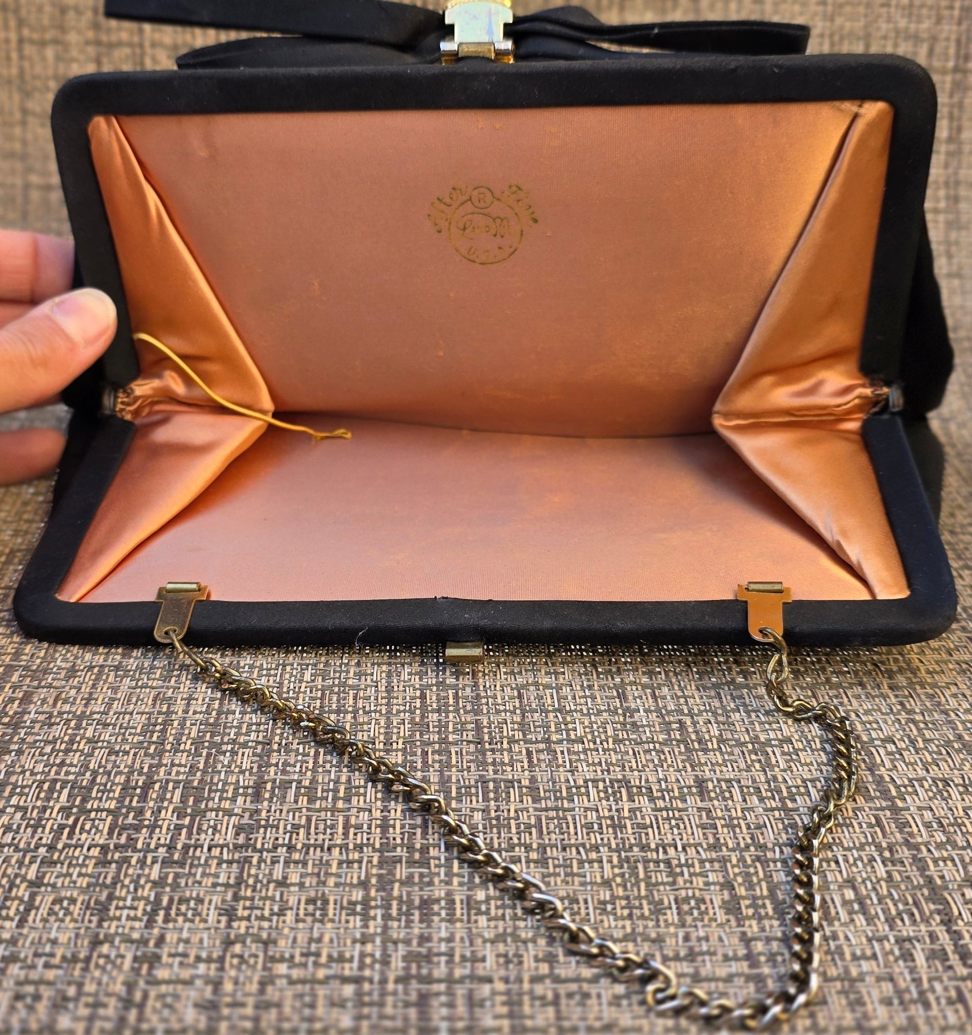 Vintage Astor Lew Black Evening Clutch – Bow Detail & Gold Clasp – Made in USA