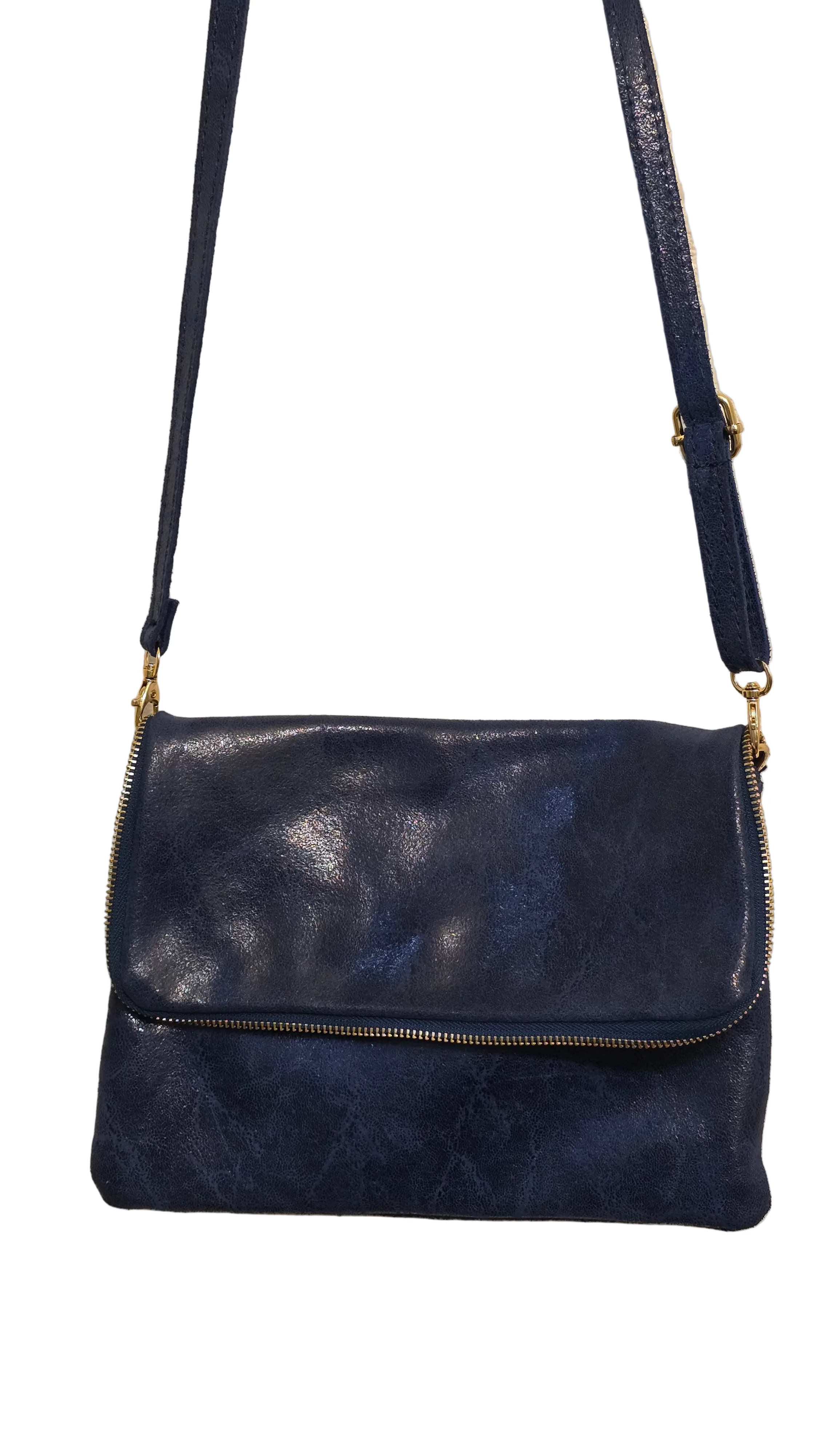 Vintage Italian Leather Blue Foldover Crossbody Bag Gold Hardware Minimalist