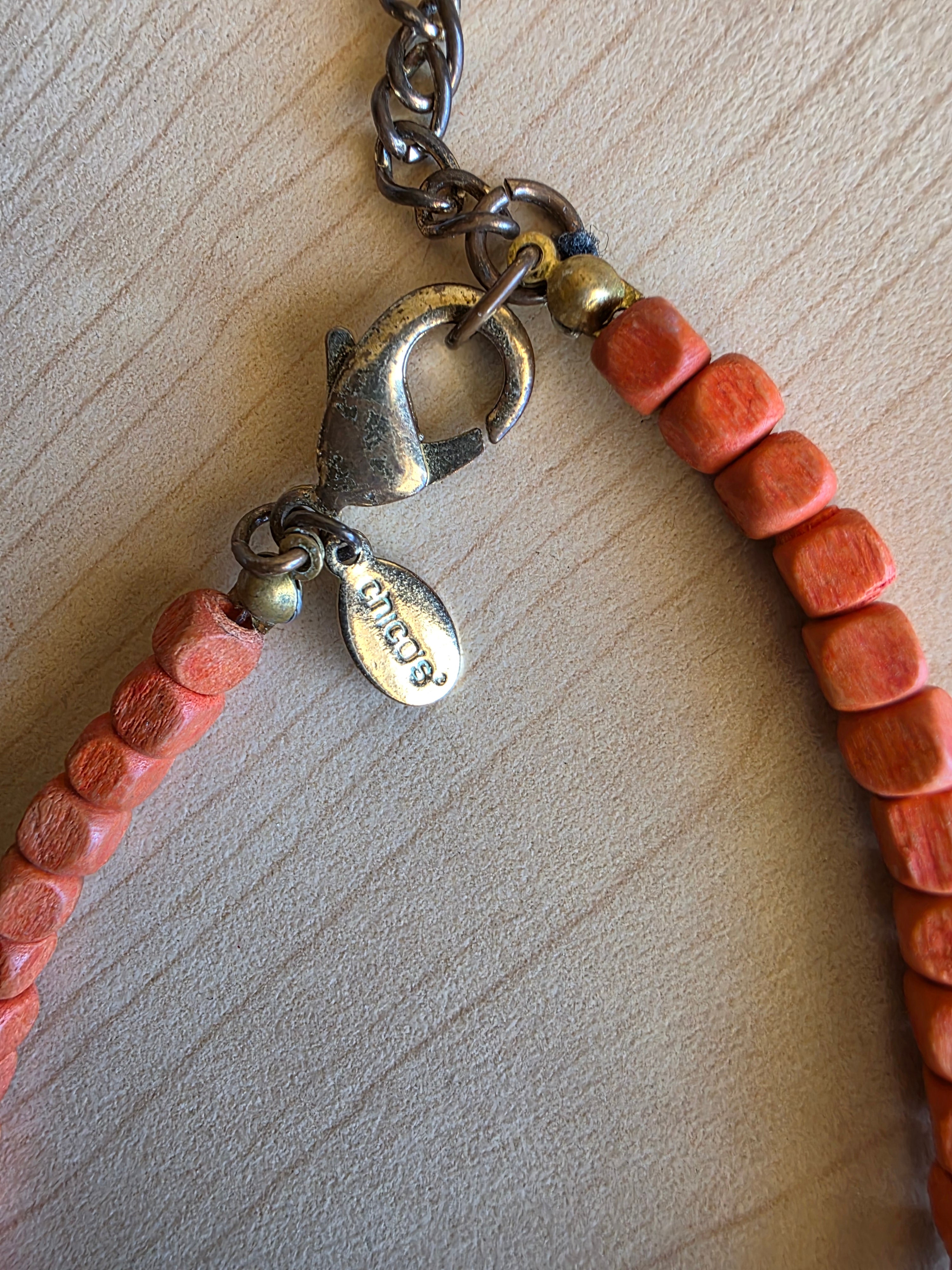 Aneya Artisan Beaded Necklace – Coral Wood, Stone Pendant & Silk Tassel