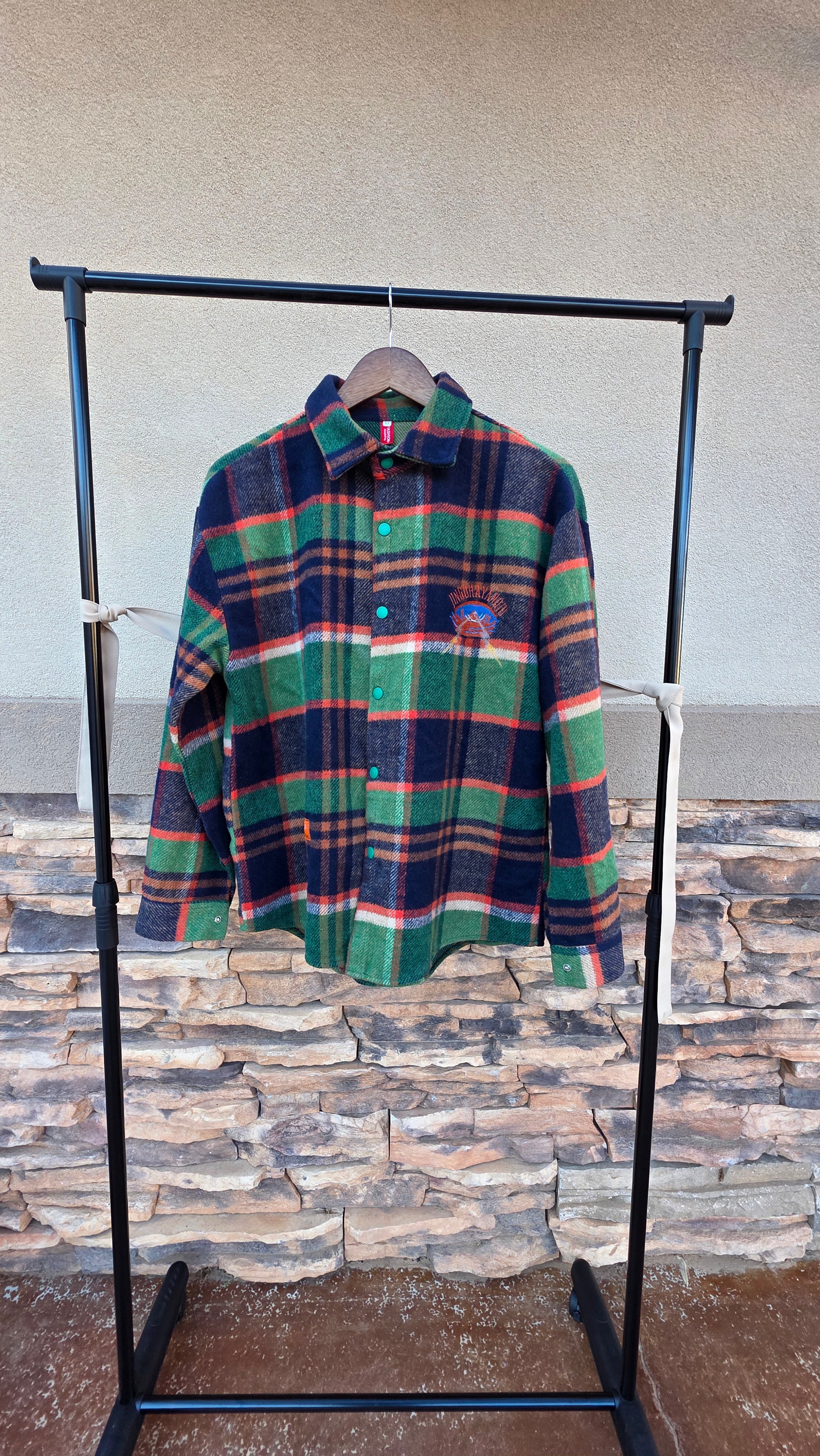 WE FUN STUDIOS Plaid Wool Jacket – Embroidered Graphic Back, Snap Button Vintage Coat