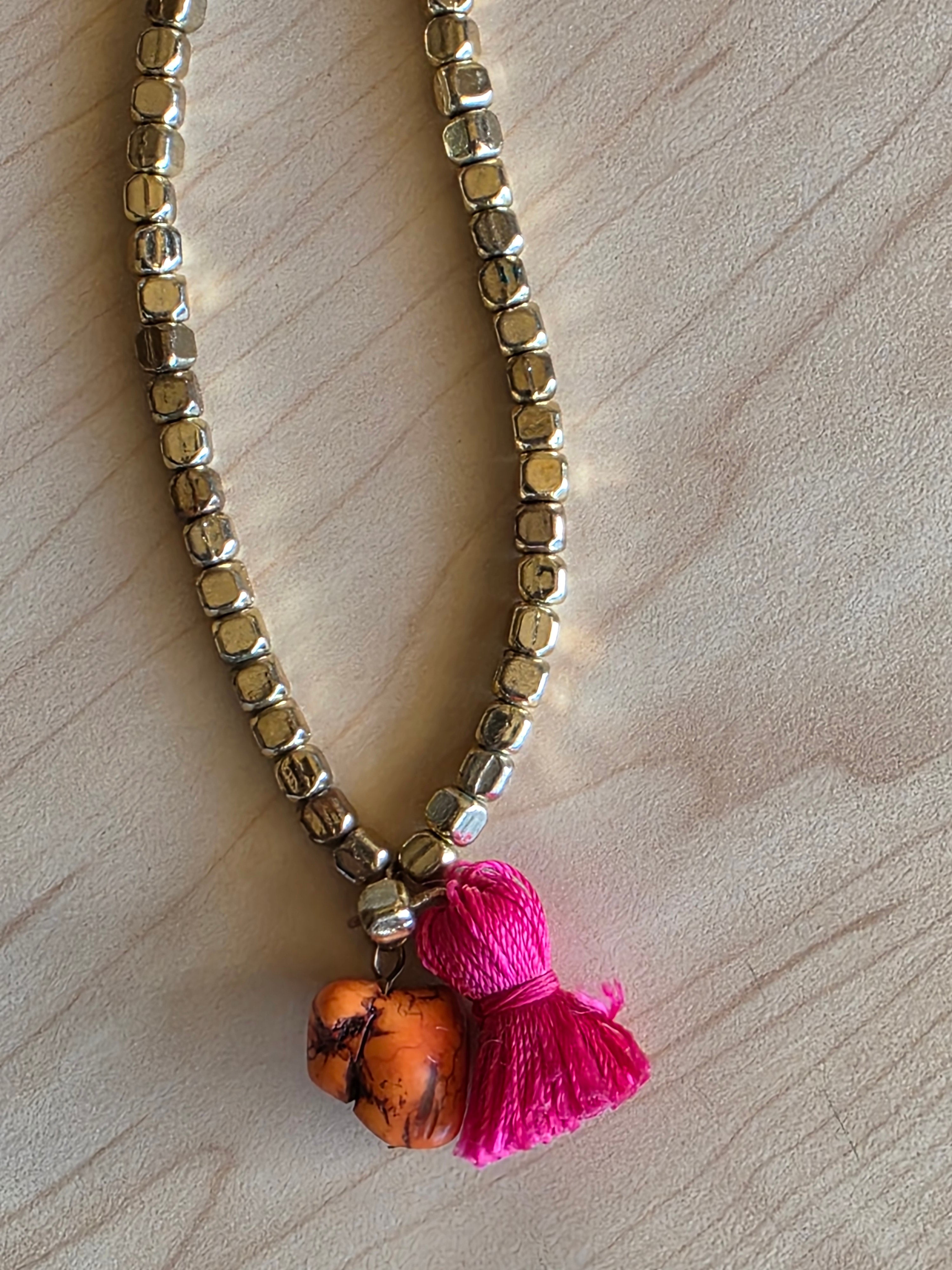 Aneya Artisan Beaded Necklace – Coral Wood, Stone Pendant & Silk Tassel