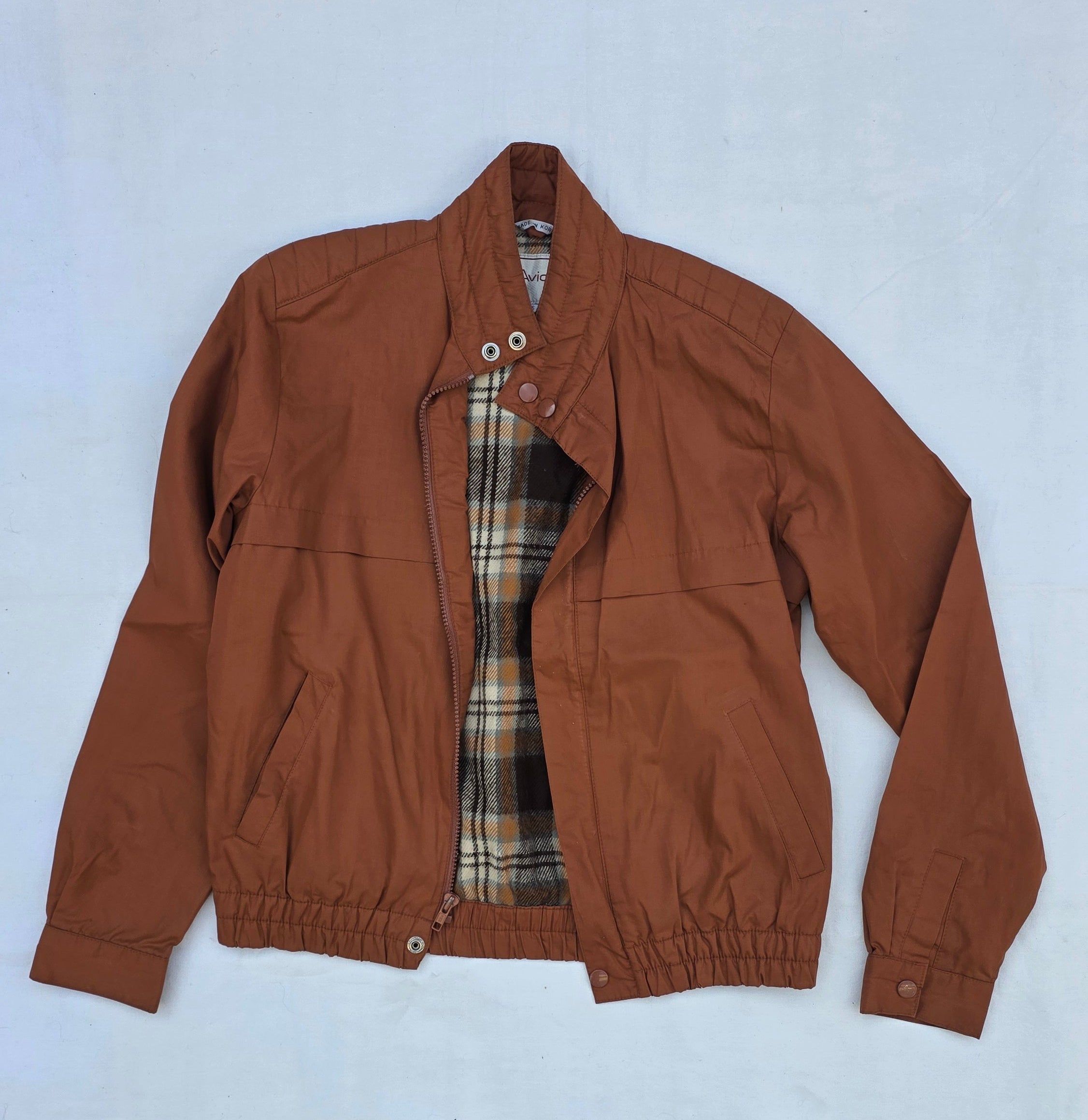 Members Only Classic Brown Racer Jacket with Plaid Lining – Zip & Snap Front