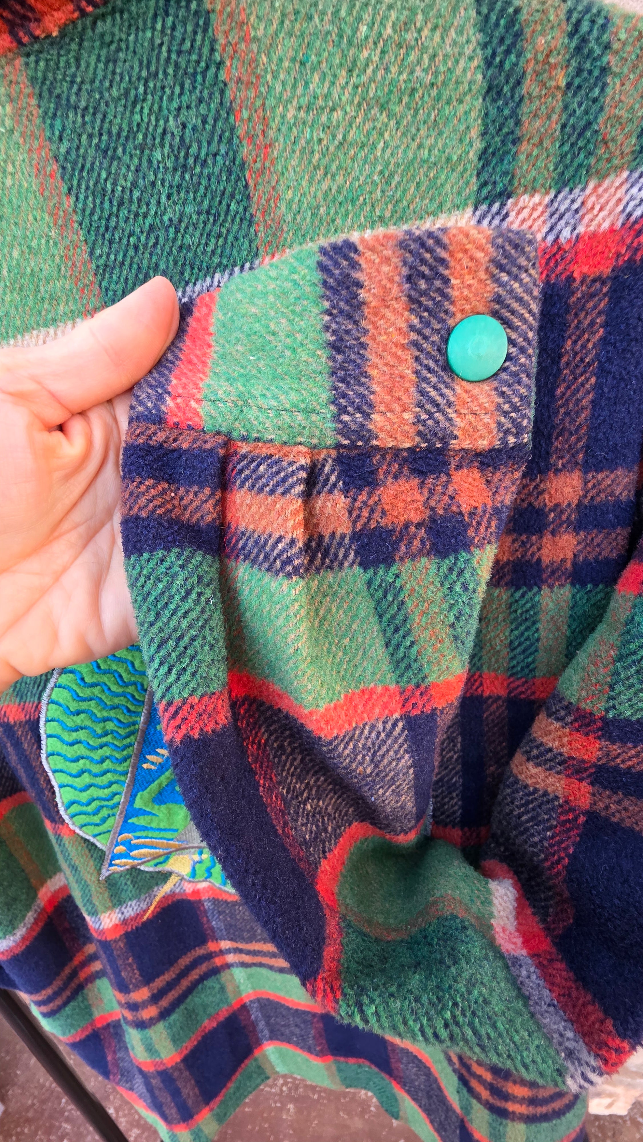 WE FUN STUDIOS Plaid Wool Jacket – Embroidered Graphic Back, Snap Button Vintage Coat