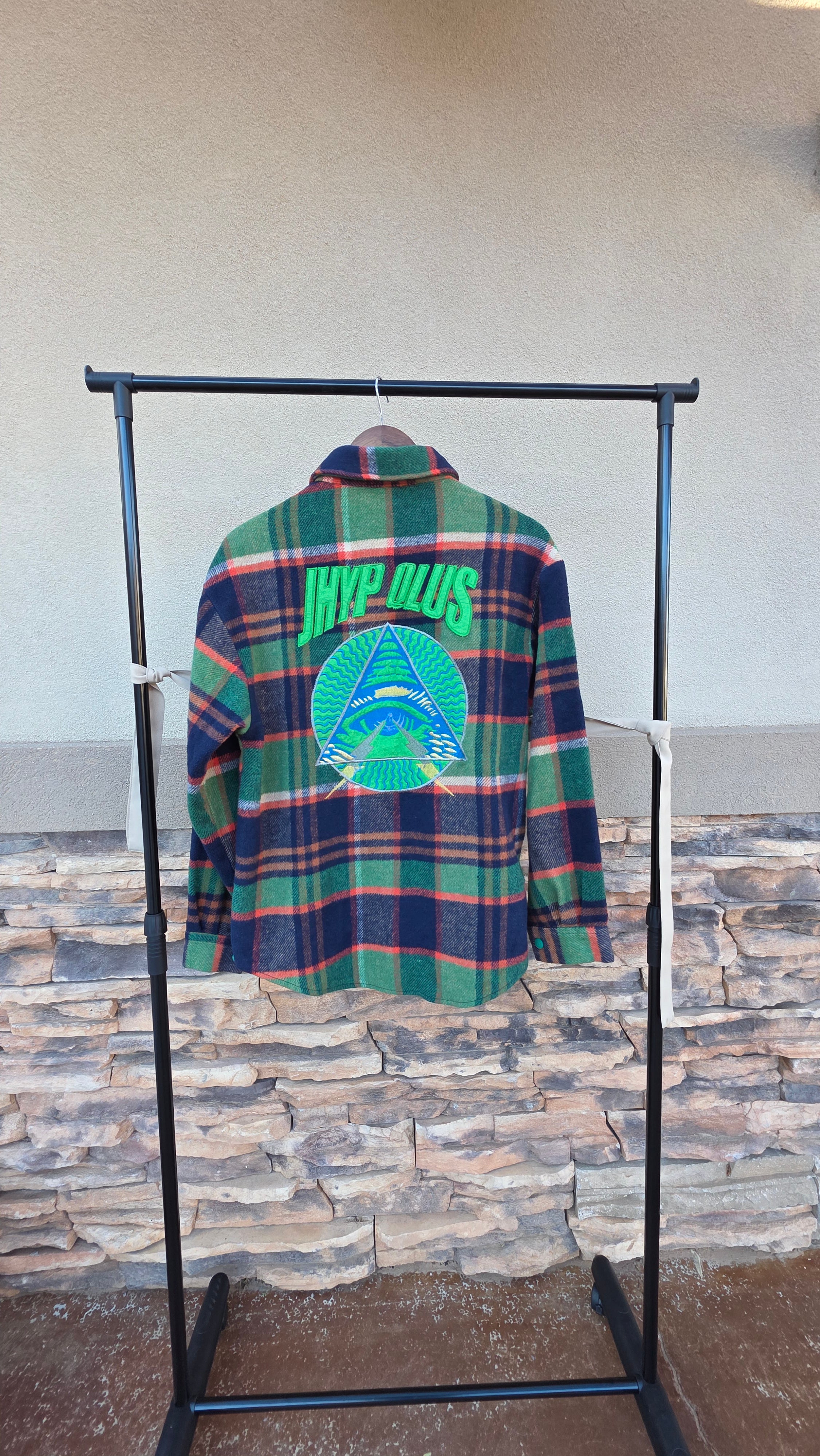 WE FUN STUDIOS Plaid Wool Jacket – Embroidered Graphic Back, Snap Button Vintage Coat