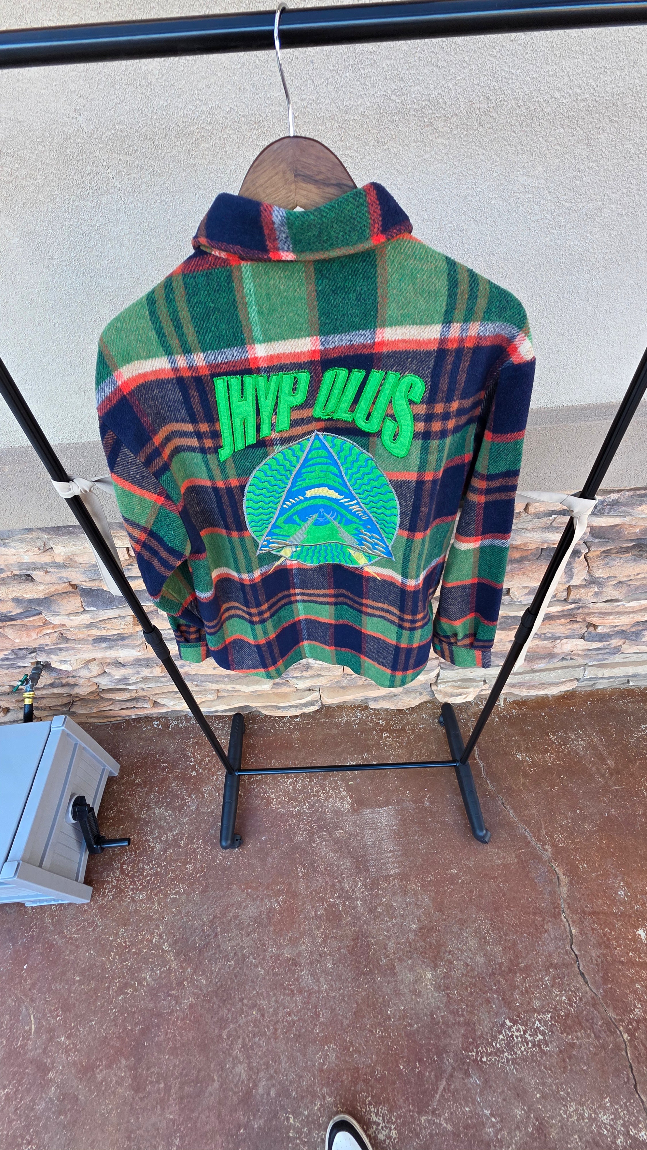 WE FUN STUDIOS Plaid Wool Jacket – Embroidered Graphic Back, Snap Button Vintage Coat