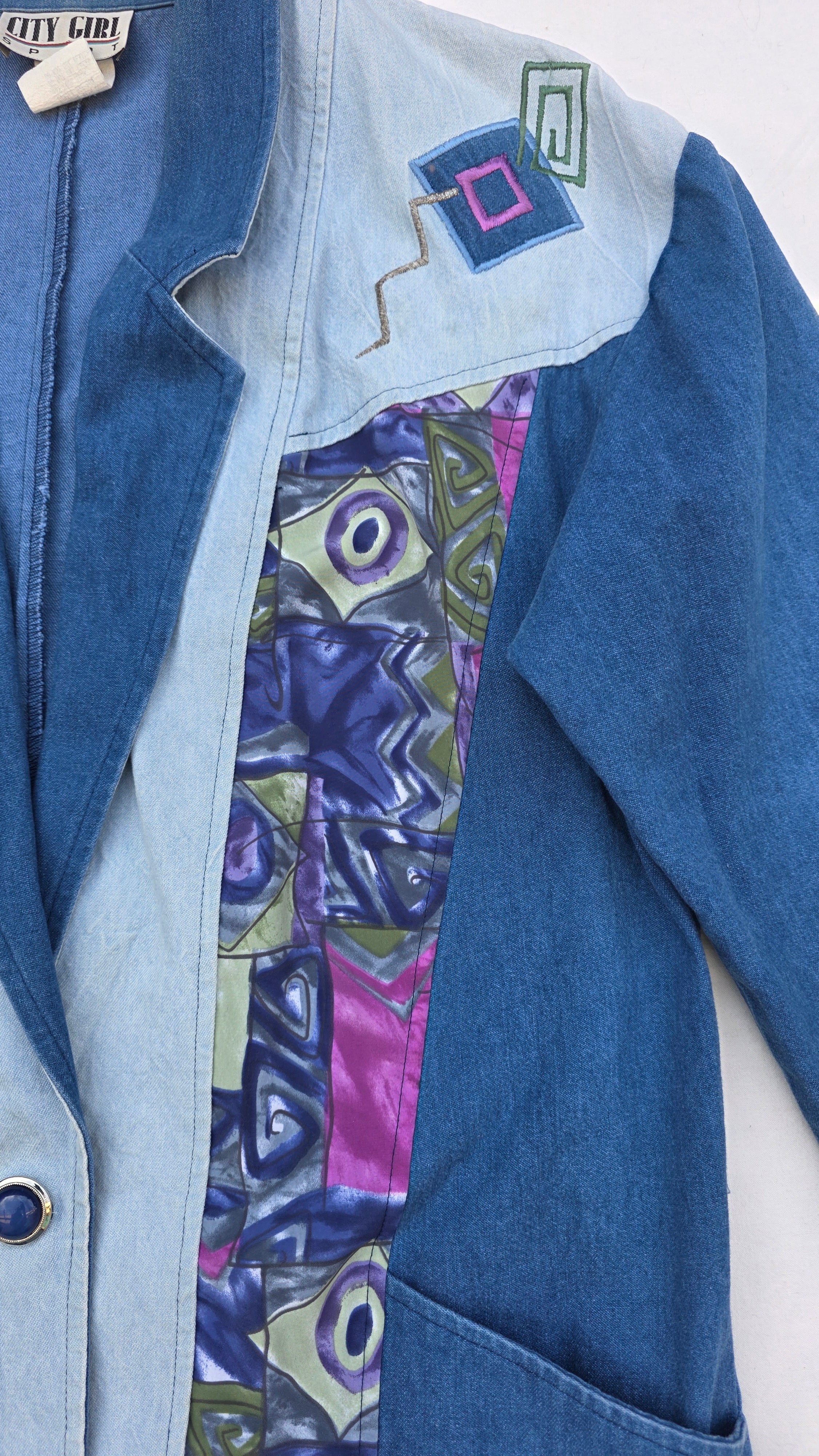 Vintage City Girl Sport Patchwork Denim Blazer 90s Geometric – Size 8