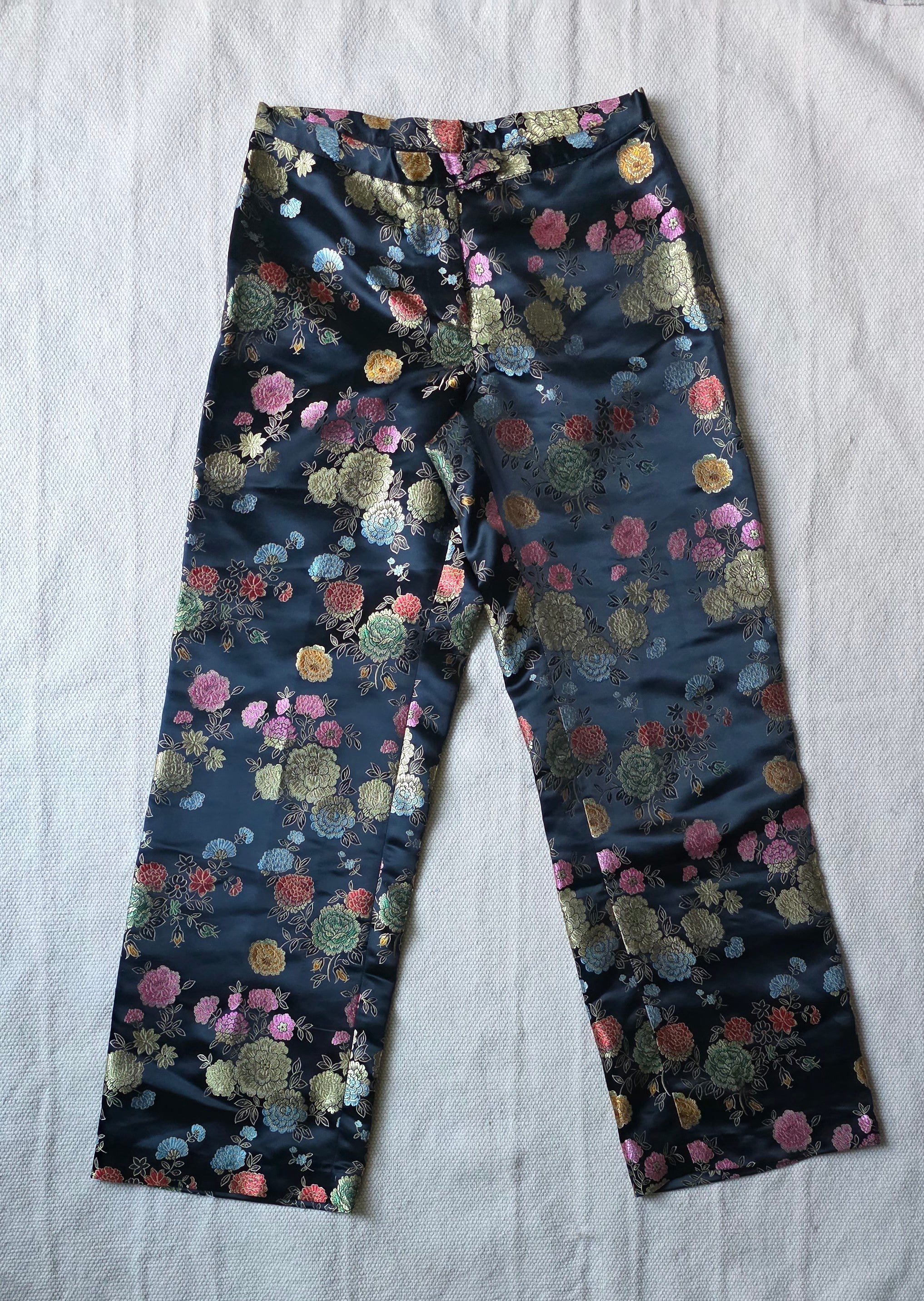 Black Floral Brocade Pants – High Waist Satin Jacquard Trousers