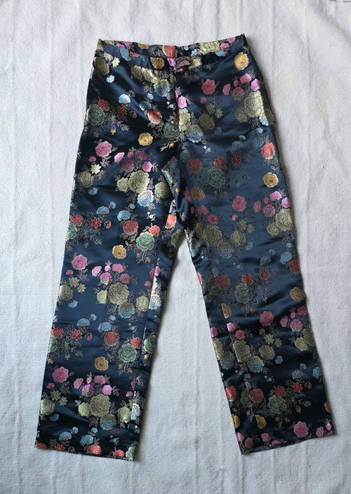 Black Floral Brocade Pants – High Waist Satin Jacquard Trousers
