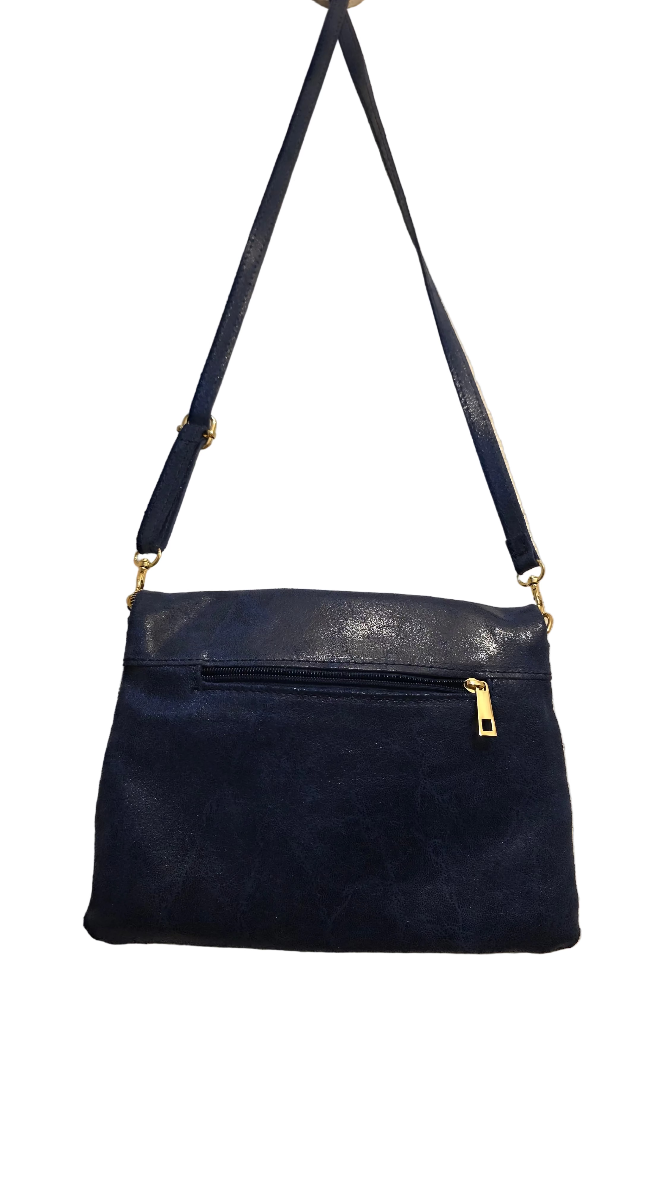 Vintage Italian Leather Blue Foldover Crossbody Bag Gold Hardware Minimalist